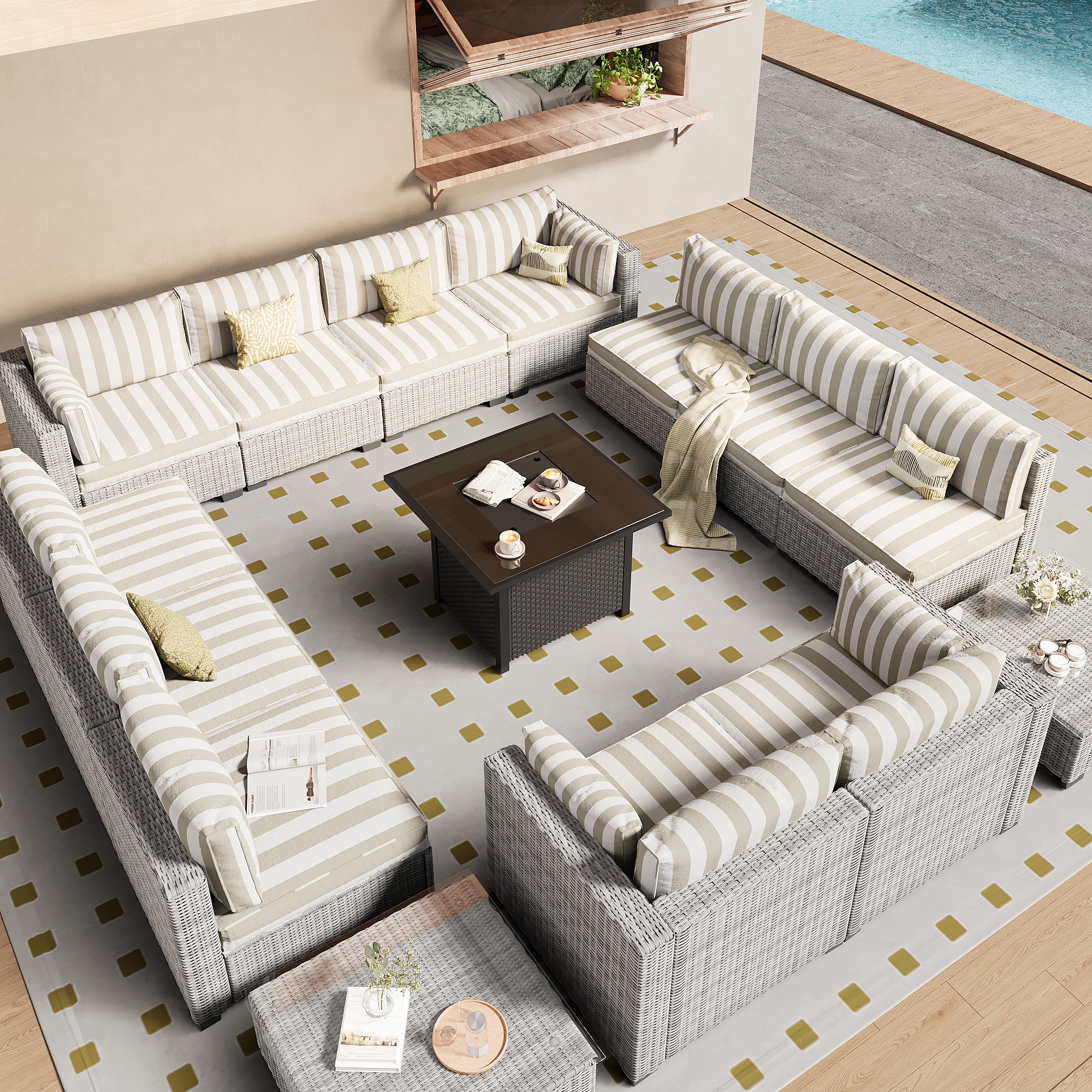 Ark Design 14-Piece Rattan Wicker Outdoor Patio Conversation SofaSeating Set with Coffee Tables and fire pit, Stripe Brown Cushions with Sofa Protection Cover Option
