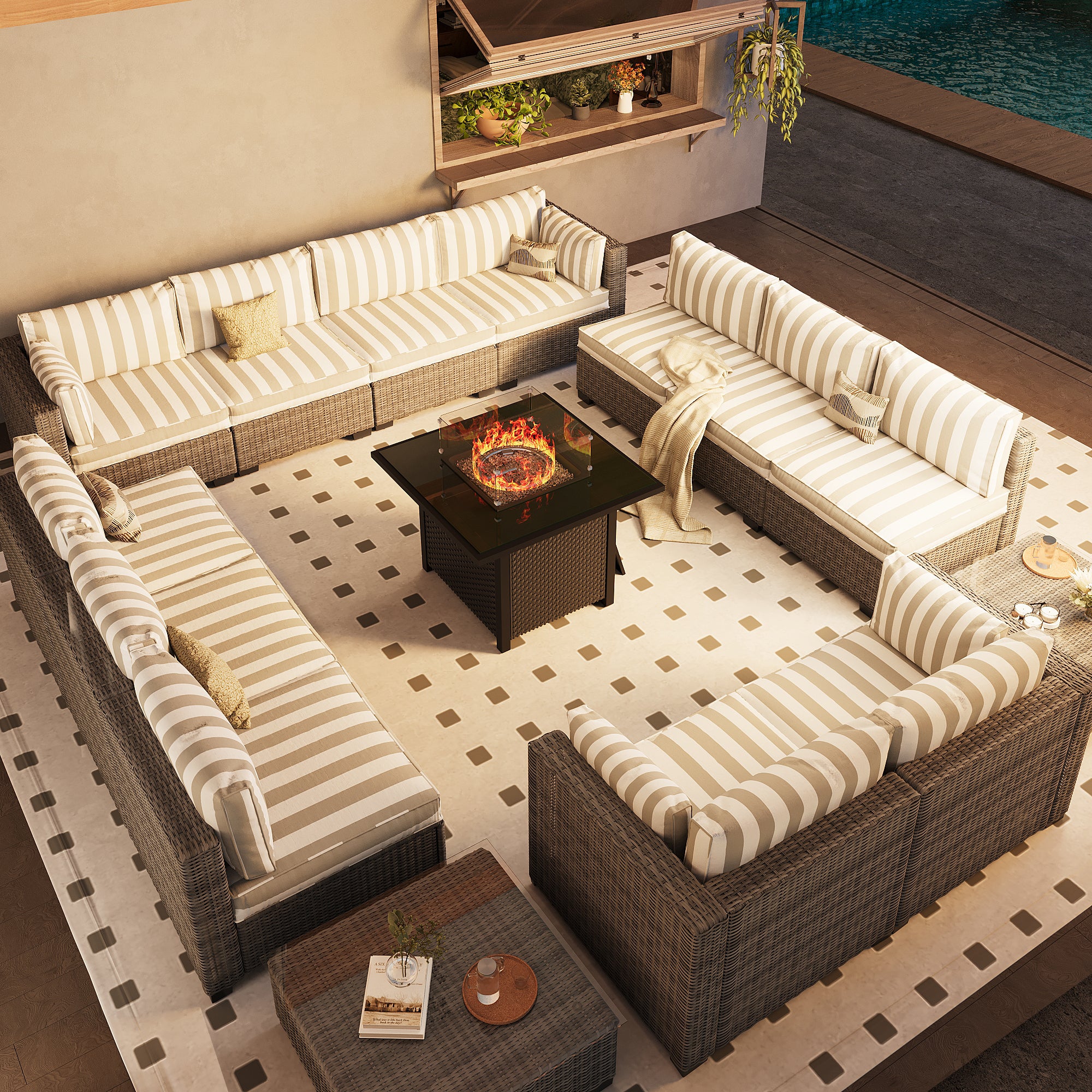 Ark Design 14-Piece Rattan Wicker Outdoor Patio Conversation SofaSeating Set with Coffee Tables and fire pit, Stripe Brown Cushions with Sofa Protection Cover Option