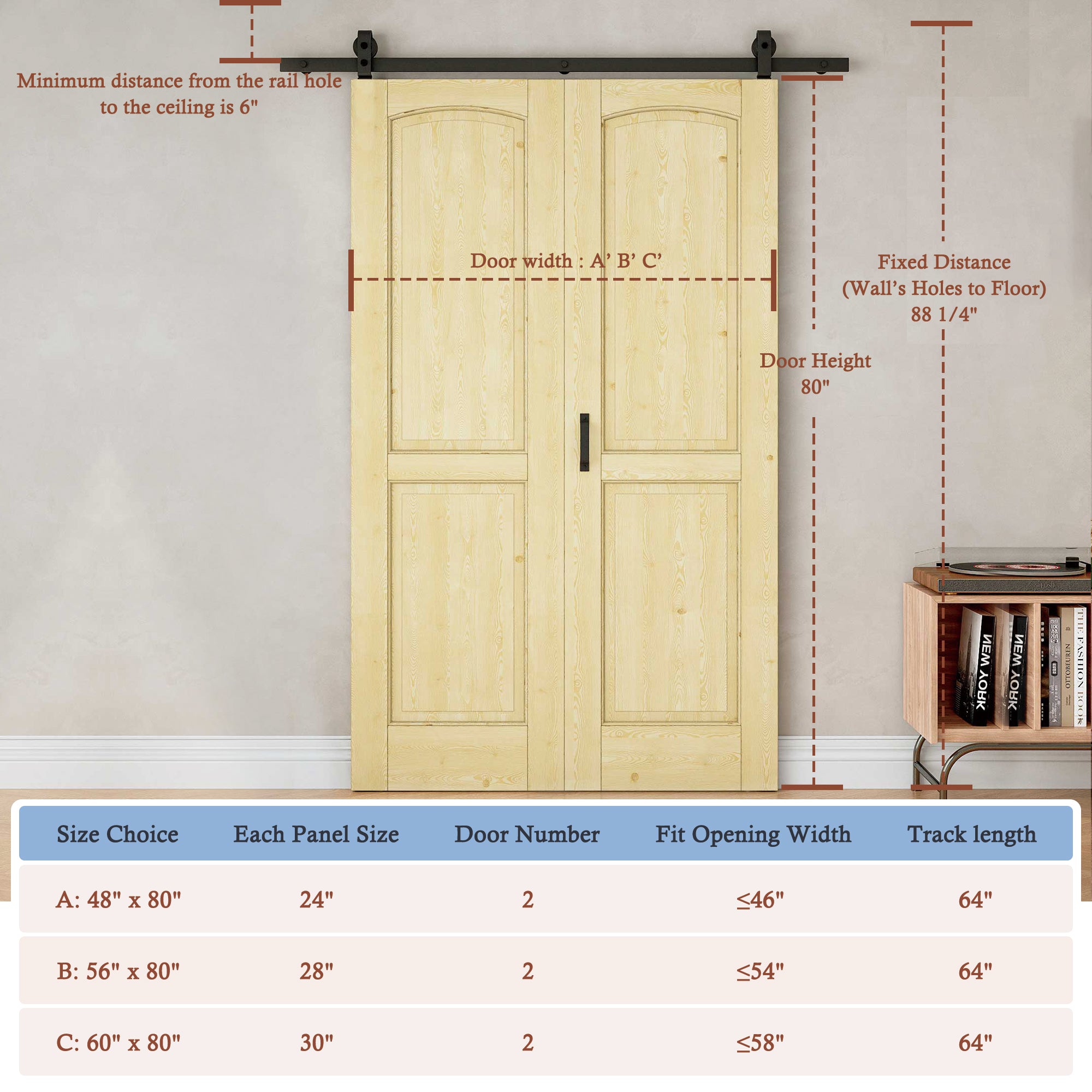 [Paintable] 2 Panel Bifold Barn Door Pine Wood, Unfinished & Paintable Surface, with Hardware Kit & Handle & Floor Guide