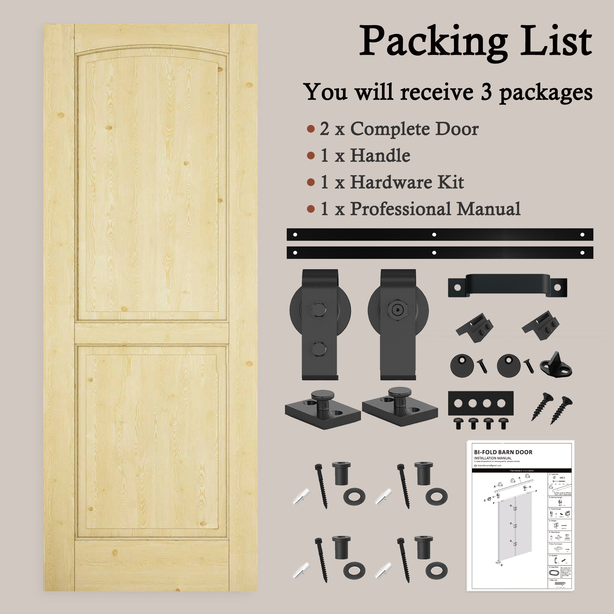 [Paintable] 2 Panel Bifold Barn Door Pine Wood, Unfinished & Paintable Surface, with Hardware Kit & Handle & Floor Guide
