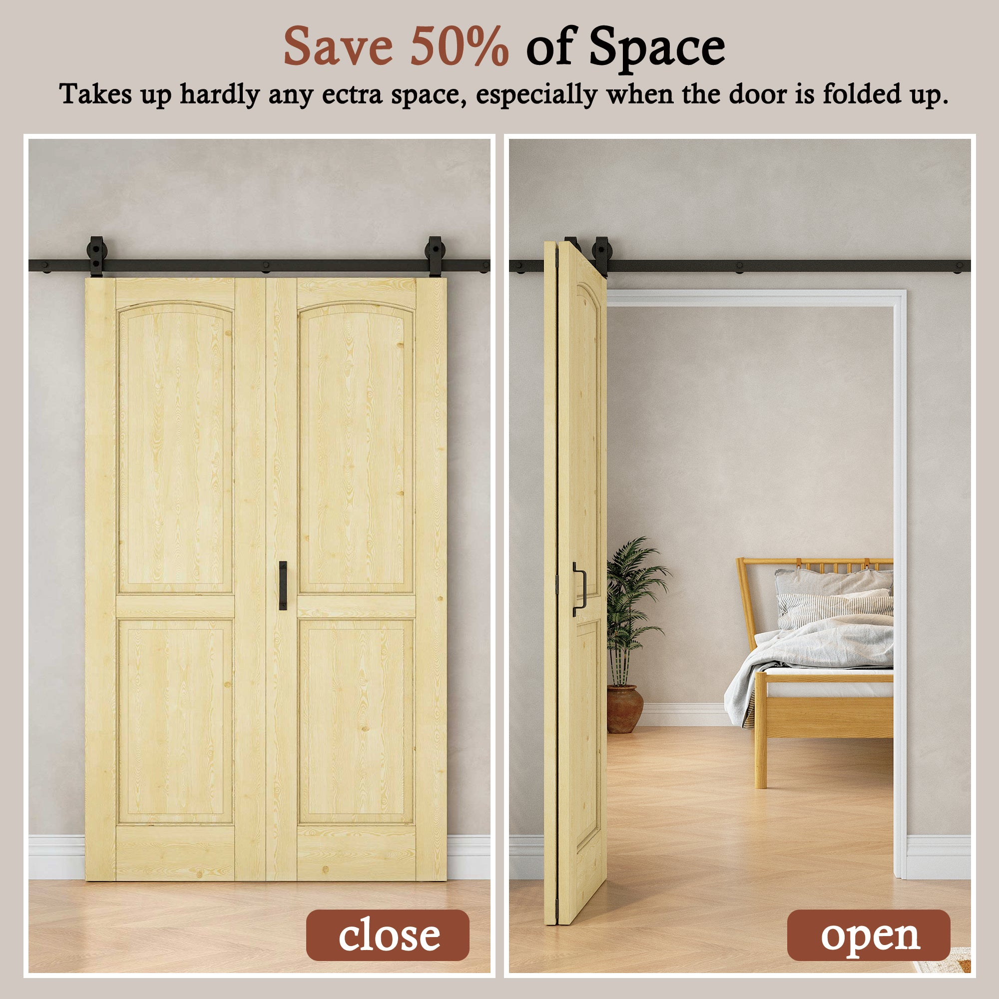 [Paintable] 2 Panel Bifold Barn Door Pine Wood, Unfinished & Paintable Surface, with Hardware Kit & Handle & Floor Guide