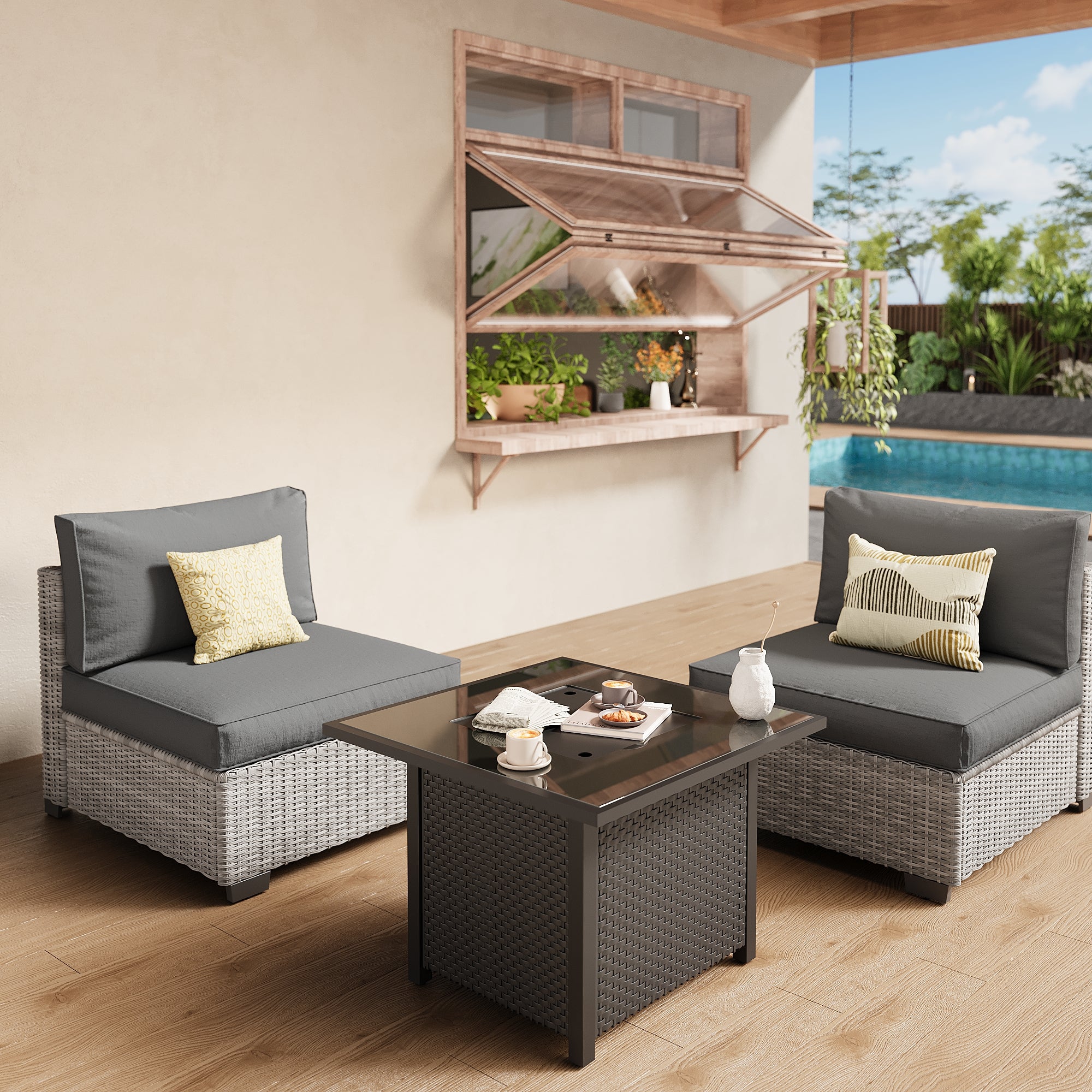 Ark Design 2-Piece Gray Wicker Outdoor Patio Conversation Sectional Seating Set with fire pit, Gray Cushions with Sofa Protection Cover Option