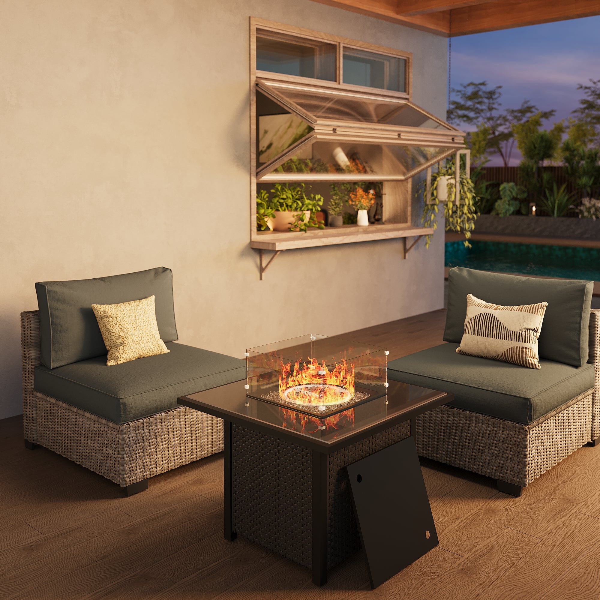 Ark Design 2-Piece Gray Wicker Outdoor Patio Conversation Sectional Seating Set with fire pit, Gray Cushions with Sofa Protection Cover Option