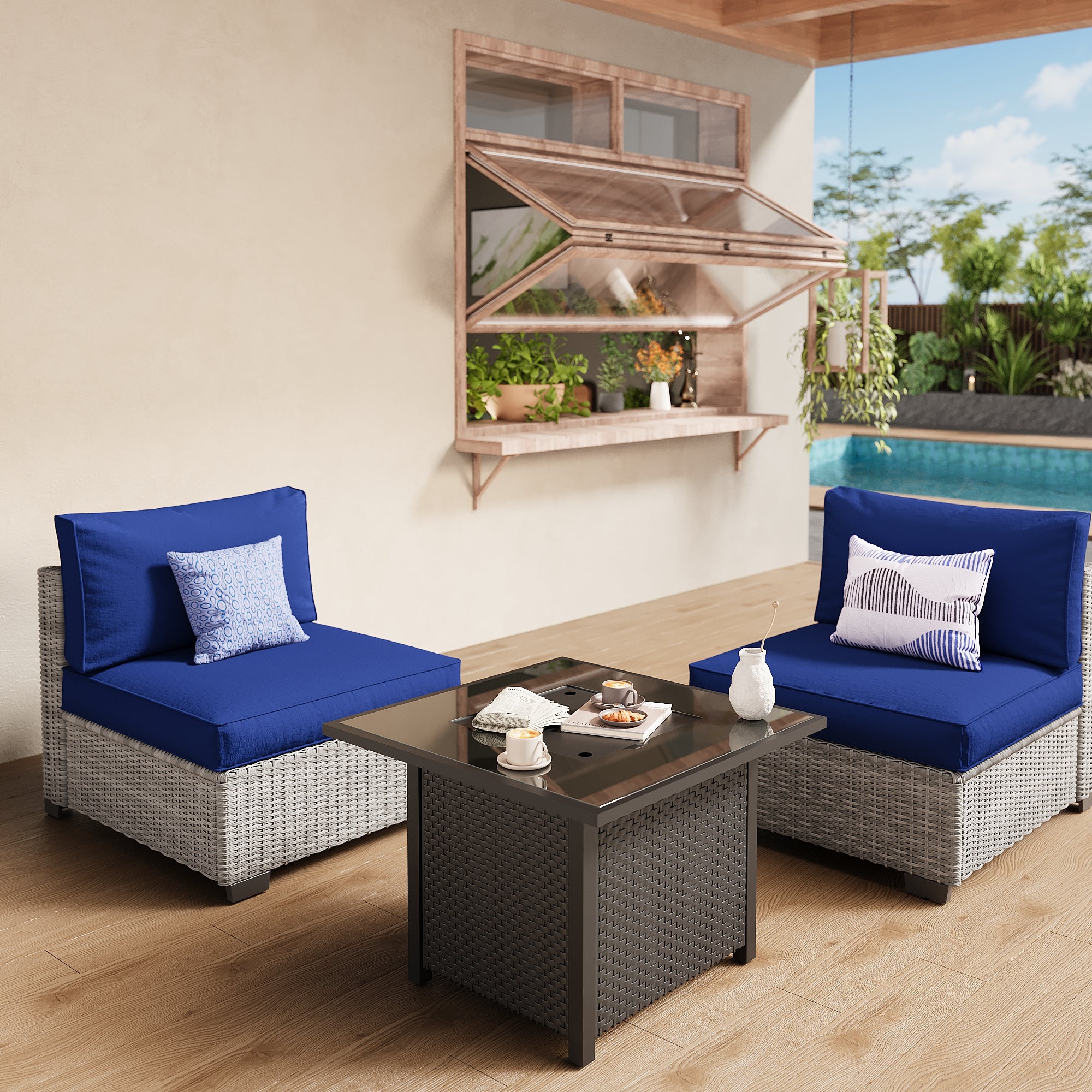 Ark Design 2-Piece Gray Wicker Outdoor Patio Conversation Sectional Seating Set with fire pit, Navy Blue Cushions with Sofa Protection Cover Option