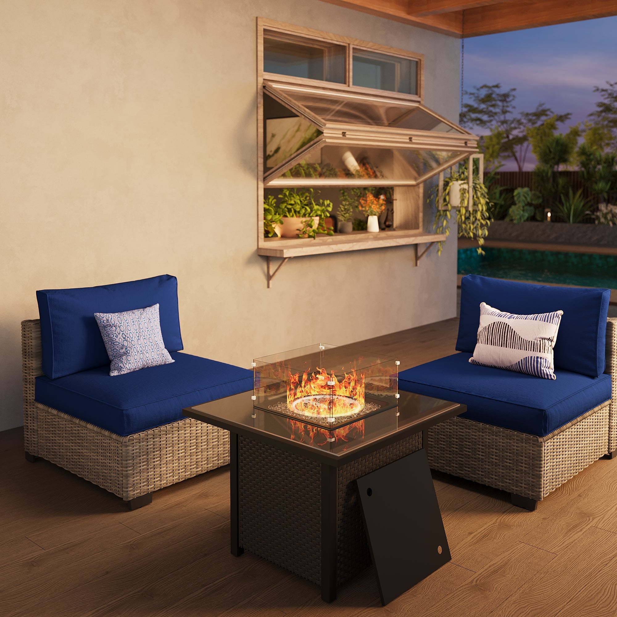 Ark Design 2-Piece Gray Wicker Outdoor Patio Conversation Sectional Seating Set with fire pit, Navy Blue Cushions with Sofa Protection Cover Option