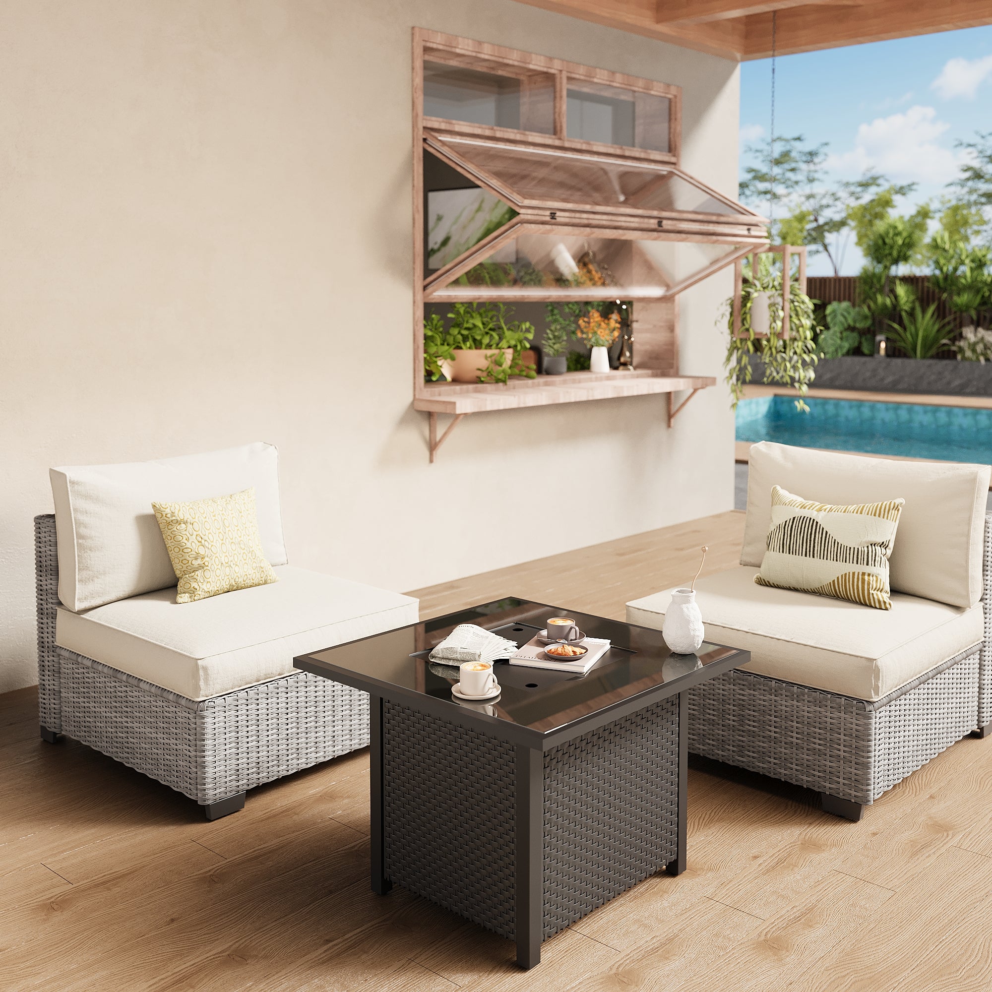 Ark Design 2-Piece Rattan Wicker Outdoor Patio Conversation SofaSeating Set and fire pit, Beige Cushions with Sofa Protection Cover Option