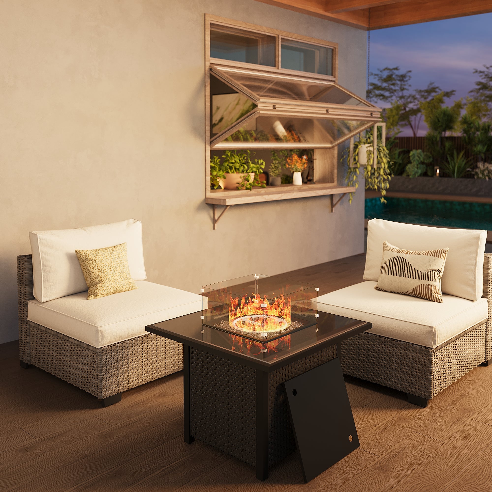 Ark Design 2-Piece Rattan Wicker Outdoor Patio Conversation SofaSeating Set and fire pit, Beige Cushions with Sofa Protection Cover Option