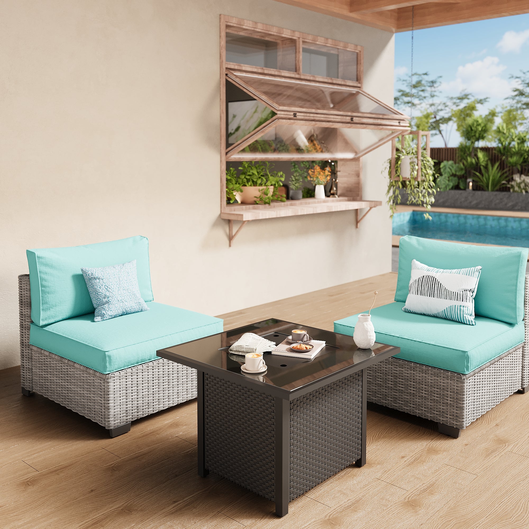 Ark Design 2-Piece Rattan Wicker Outdoor Patio Conversation SofaSeating Set and fire pit, Green Cushions with Sofa Protection Cover Option