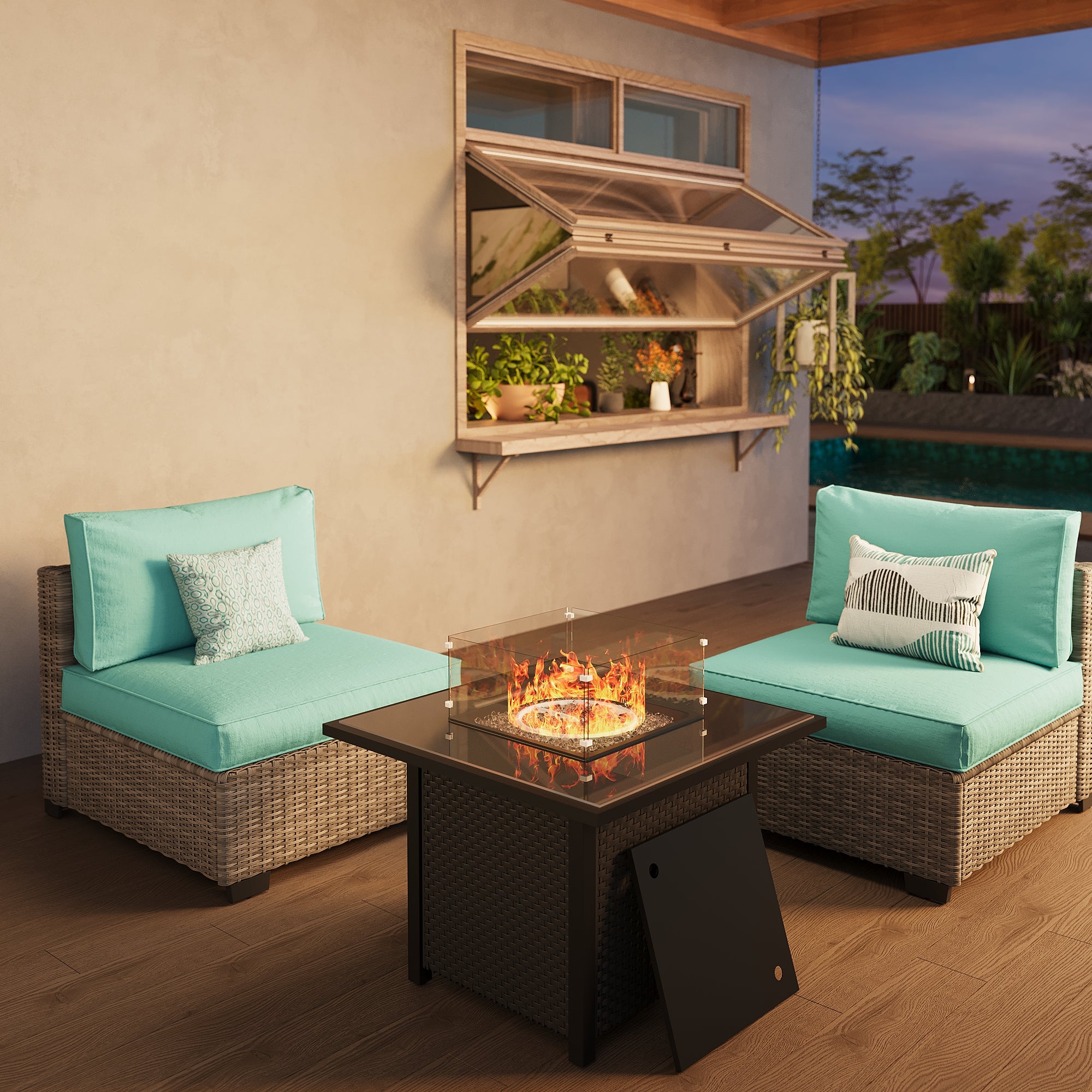 Ark Design 2-Piece Rattan Wicker Outdoor Patio Conversation SofaSeating Set and fire pit, Green Cushions with Sofa Protection Cover Option