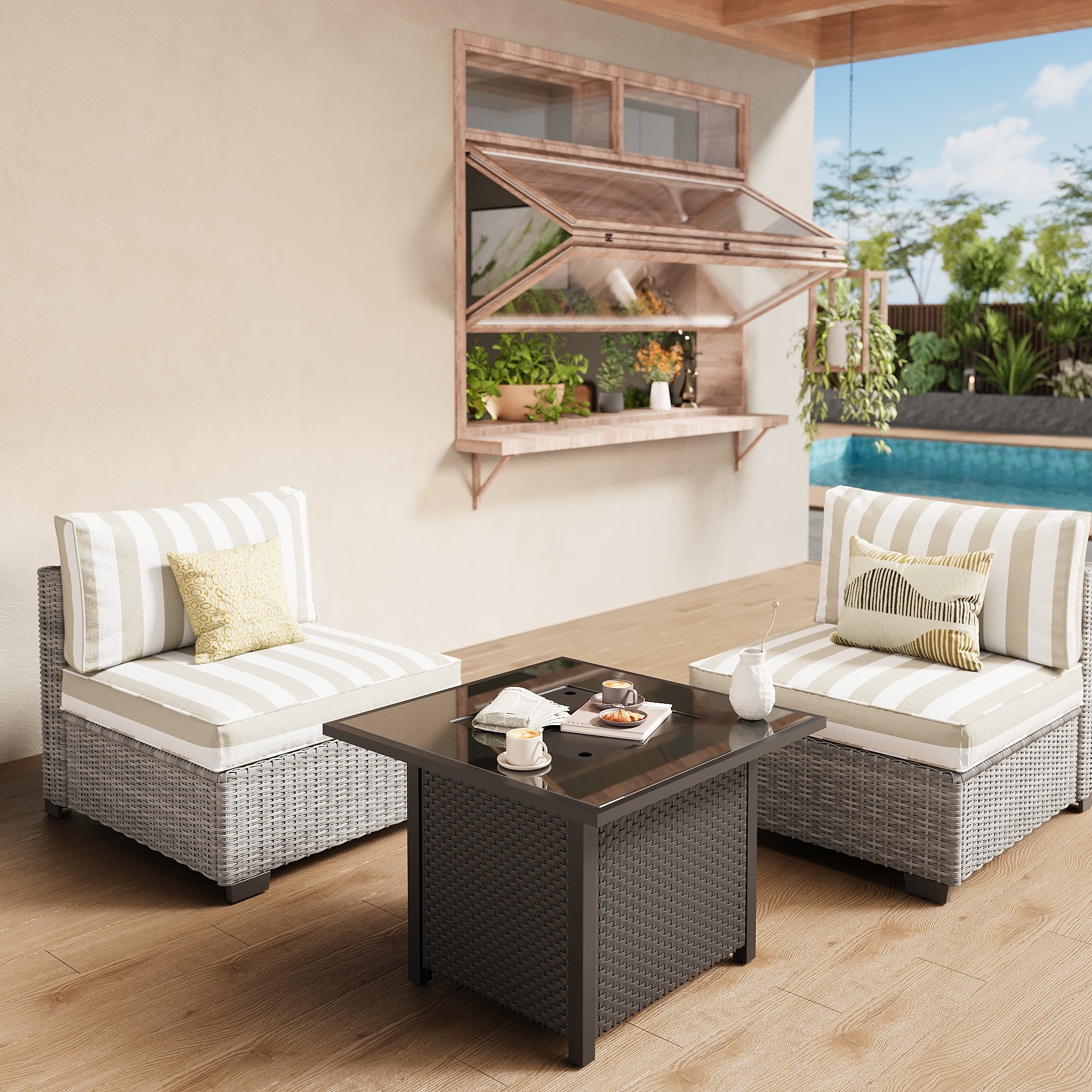 Ark Design 2-Piece Rattan Wicker Outdoor Patio Conversation SofaSeating Set and fire pit, Stripe Brown Cushions with Sofa Protection Cover Option