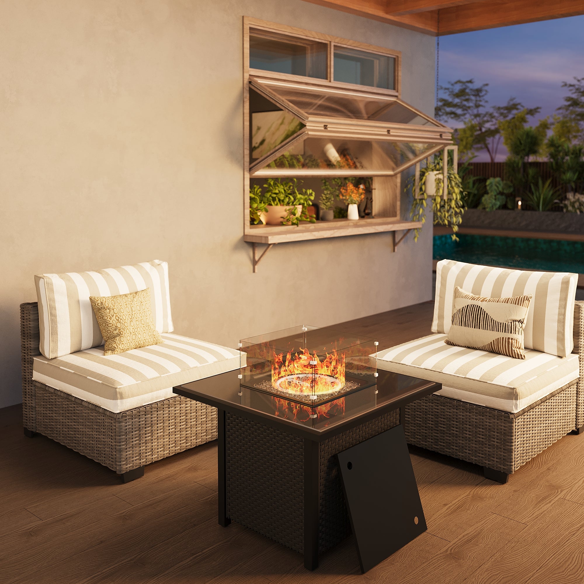 Ark Design 2-Piece Rattan Wicker Outdoor Patio Conversation SofaSeating Set and fire pit, Stripe Brown Cushions with Sofa Protection Cover Option