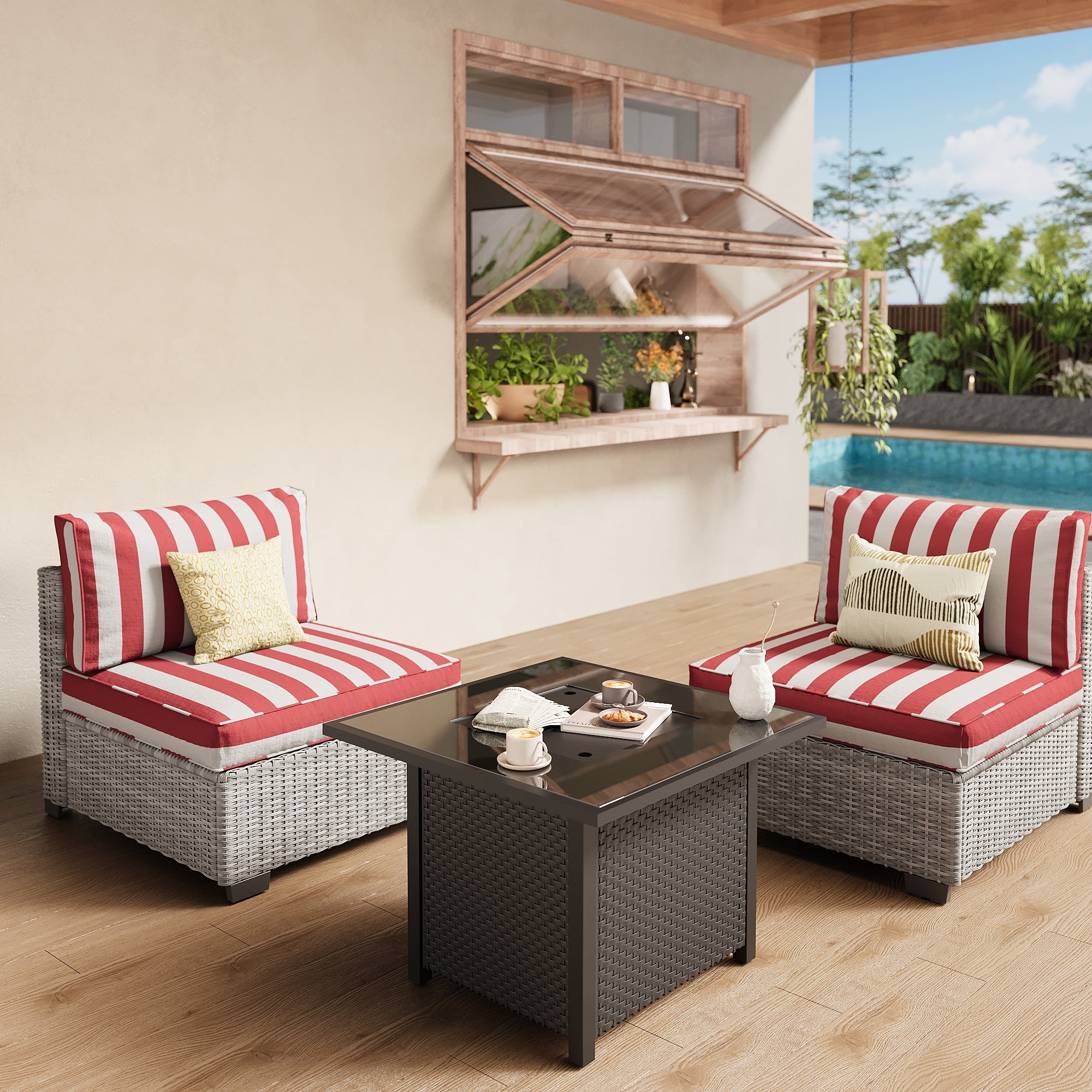 Ark Design 2-Piece Rattan Wicker Outdoor Patio Conversation SofaSeating Set with firepit, Stripe Red Cushions with Sofa Protection Cover Option