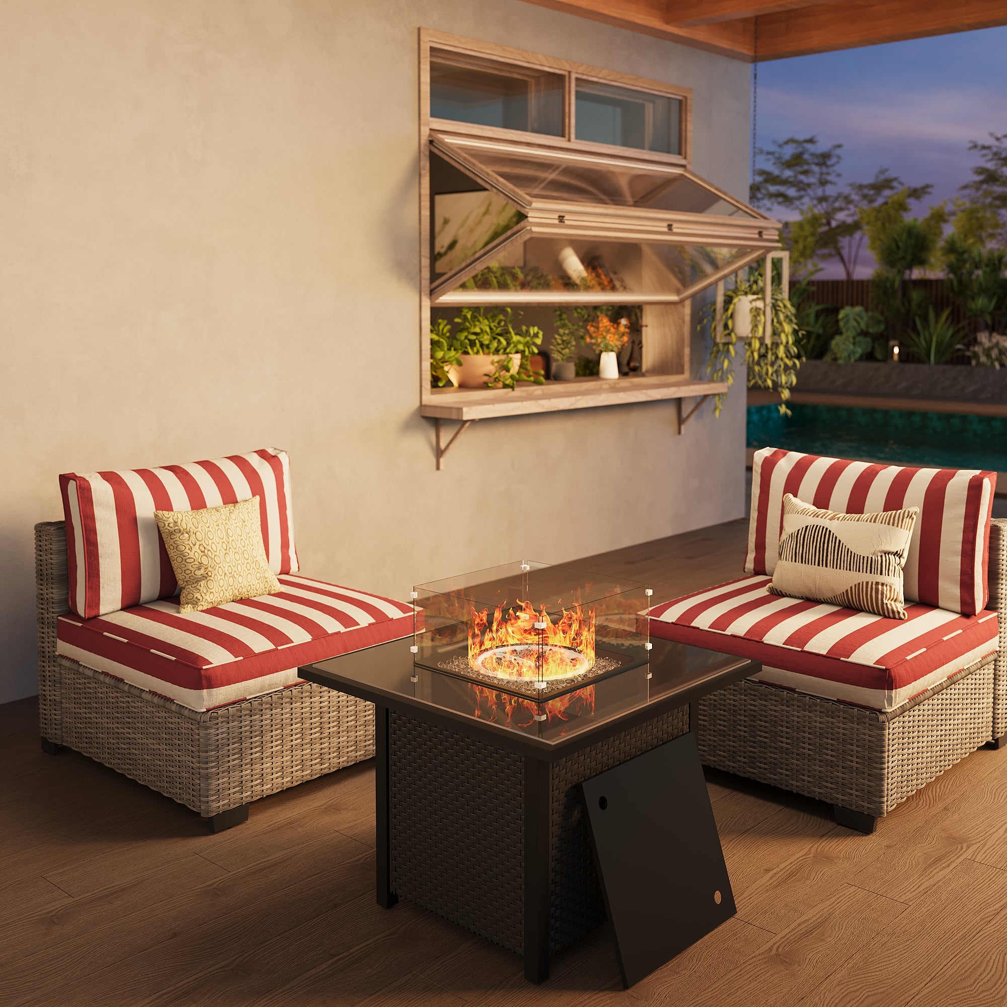 Ark Design 2-Piece Rattan Wicker Outdoor Patio Conversation SofaSeating Set with firepit, Stripe Red Cushions with Sofa Protection Cover Option