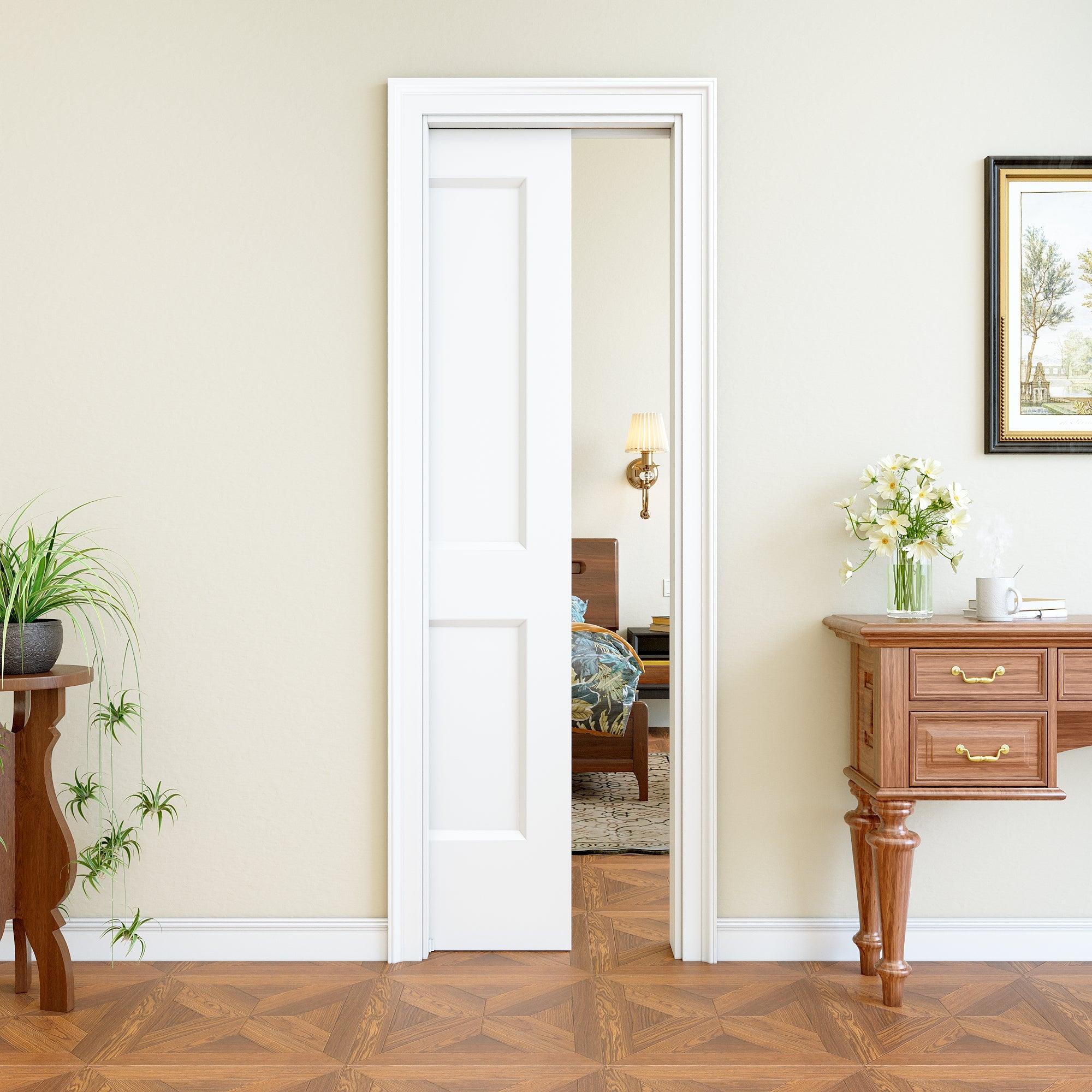 Ark Design 2 Panel Pocket Door with Hardware Kit & Soft Close & Frame, Hollow Core MDF Wood & Paint-grade Finished, White