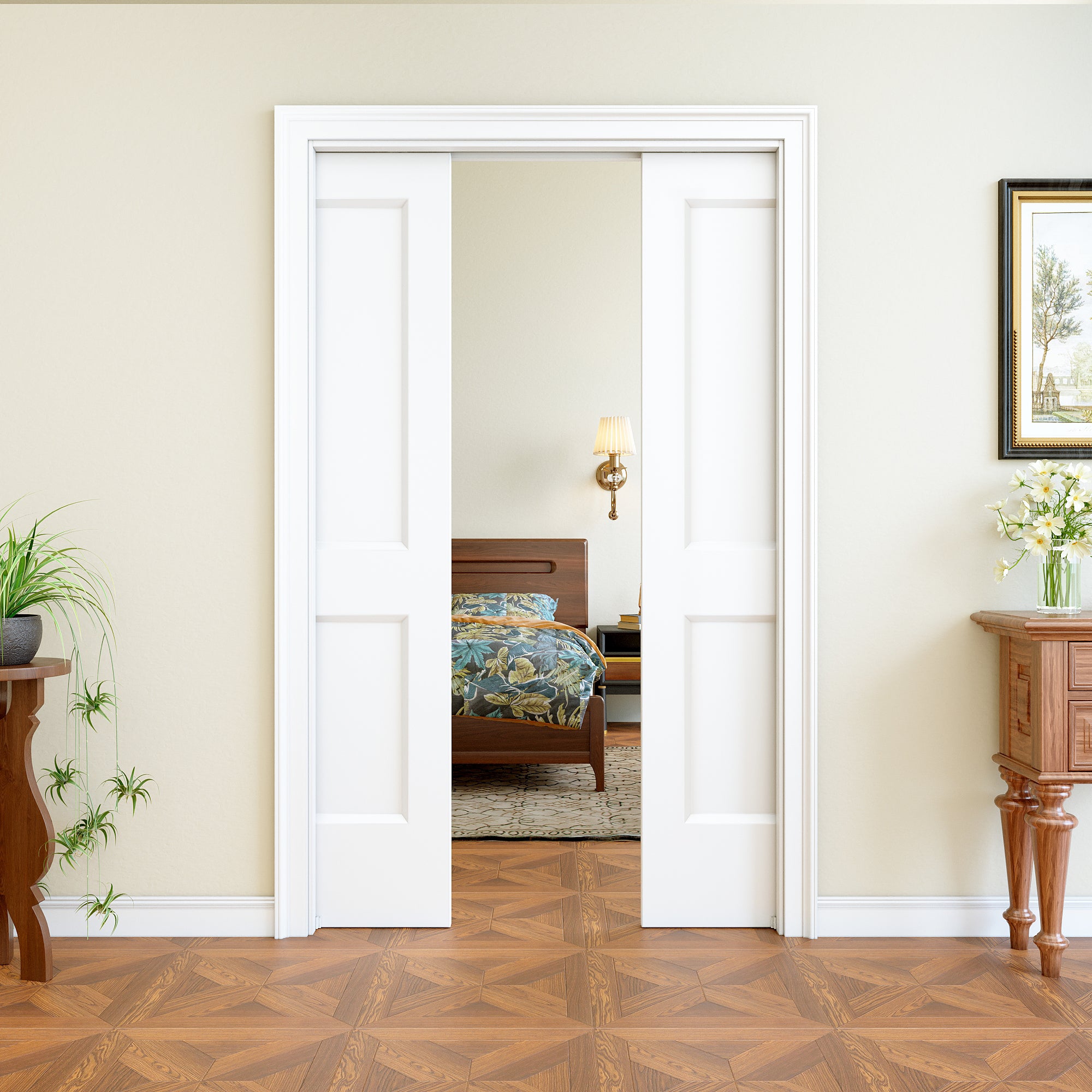 Ark Design 2 Panel Pocket Door with Hardware Kit & Soft Close & Frame, Hollow Core MDF Wood & Paint-grade Finished, White