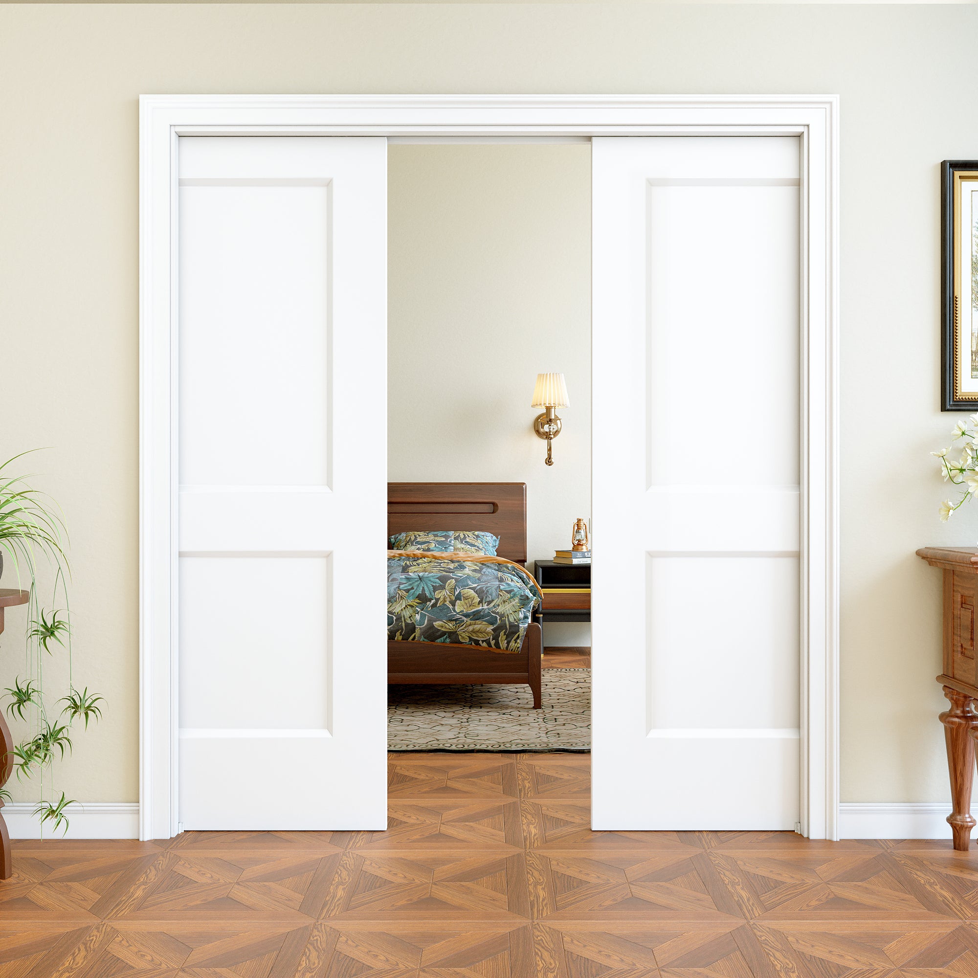 Ark Design 2 Panel Pocket Door with Hardware Kit & Soft Close & Frame, Hollow Core MDF Wood & Paint-grade Finished, White