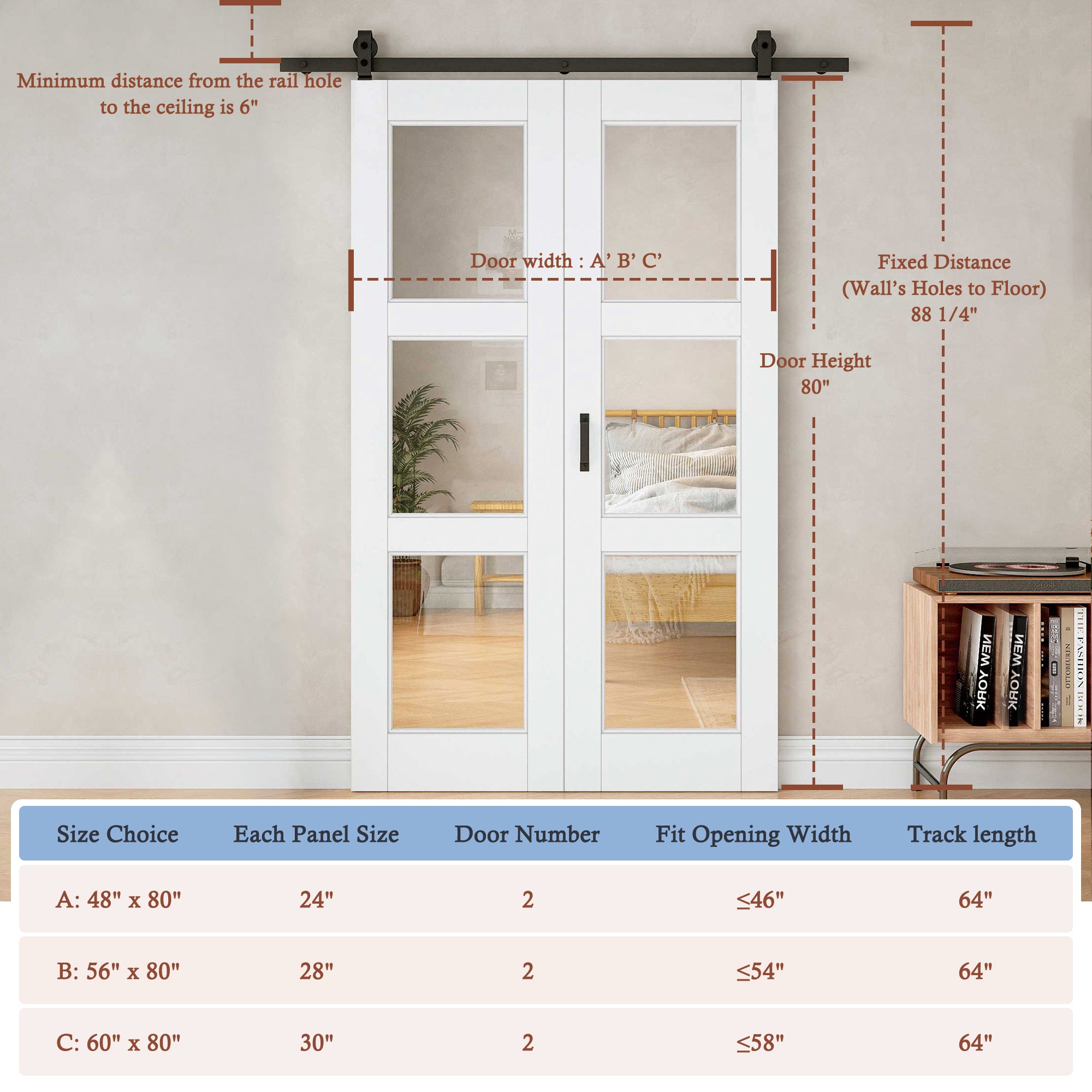 [Paintable] 3-Lite Tempered Clear Glass Bifold Sliding Barn Door, Prefinished & Paintable Surface with Hardware Kit