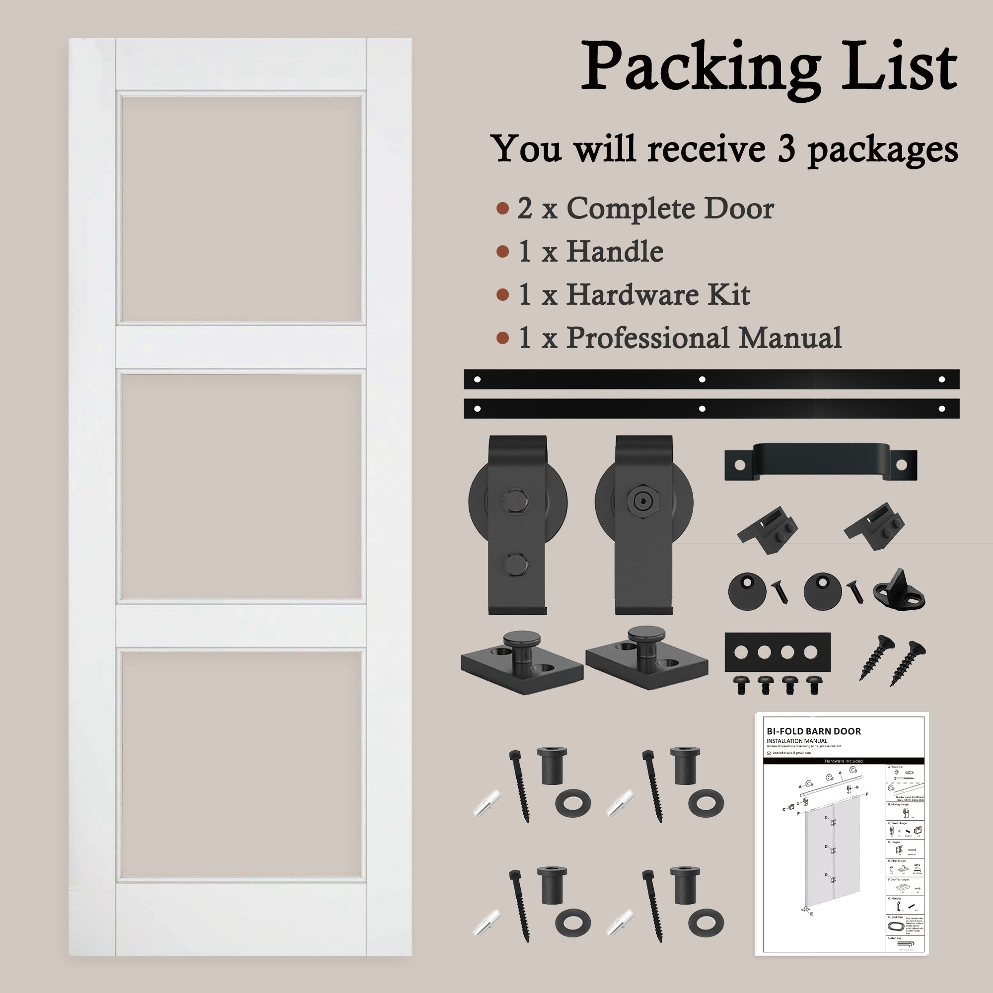 [Paintable] 5-Lite Tempered Clear Glass Bifold Sliding Barn Door, Prefinished & Paintable Surface with Hardware Kit