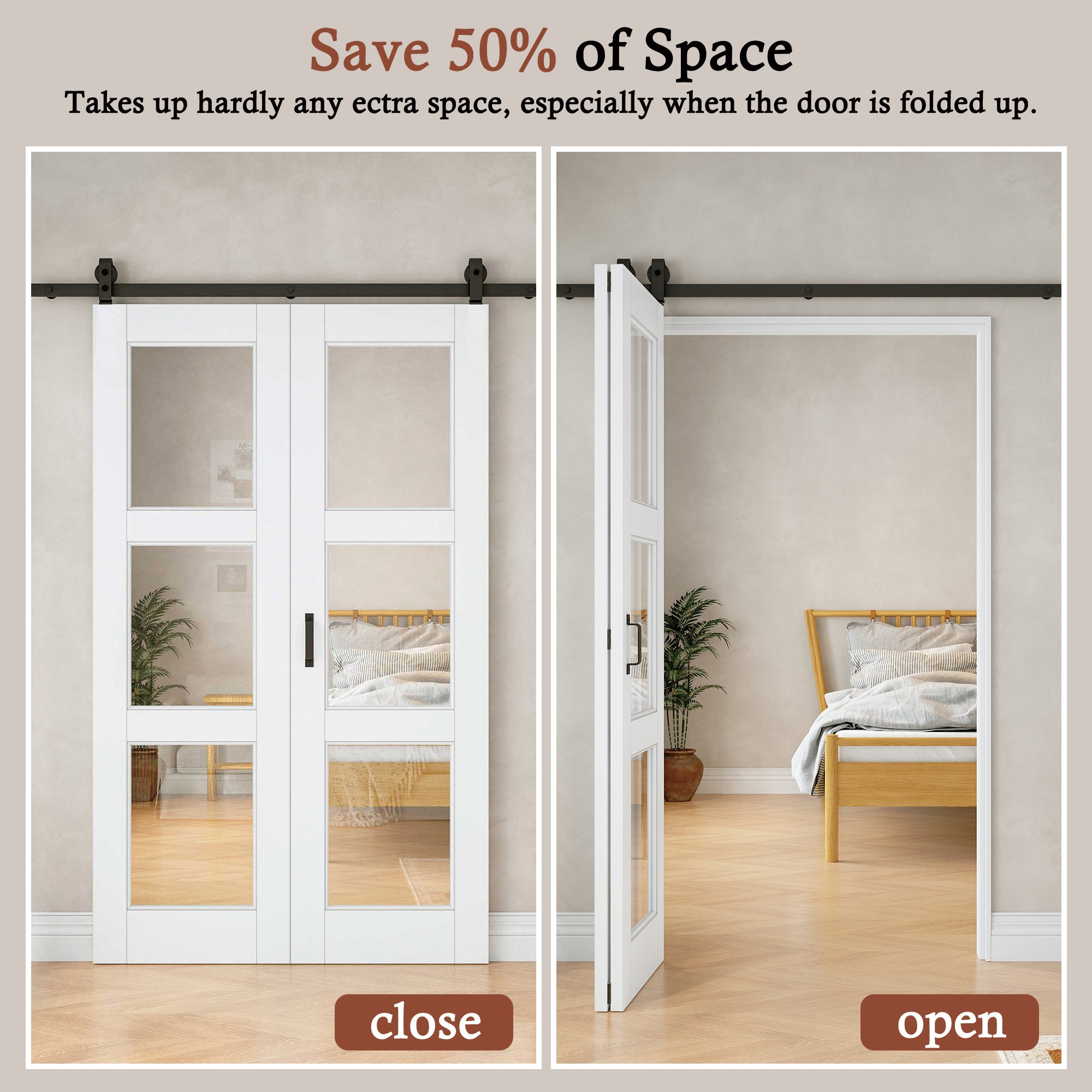 [Paintable] 3-Lite Tempered Clear Glass Bifold Sliding Barn Door, Prefinished & Paintable Surface with Hardware Kit