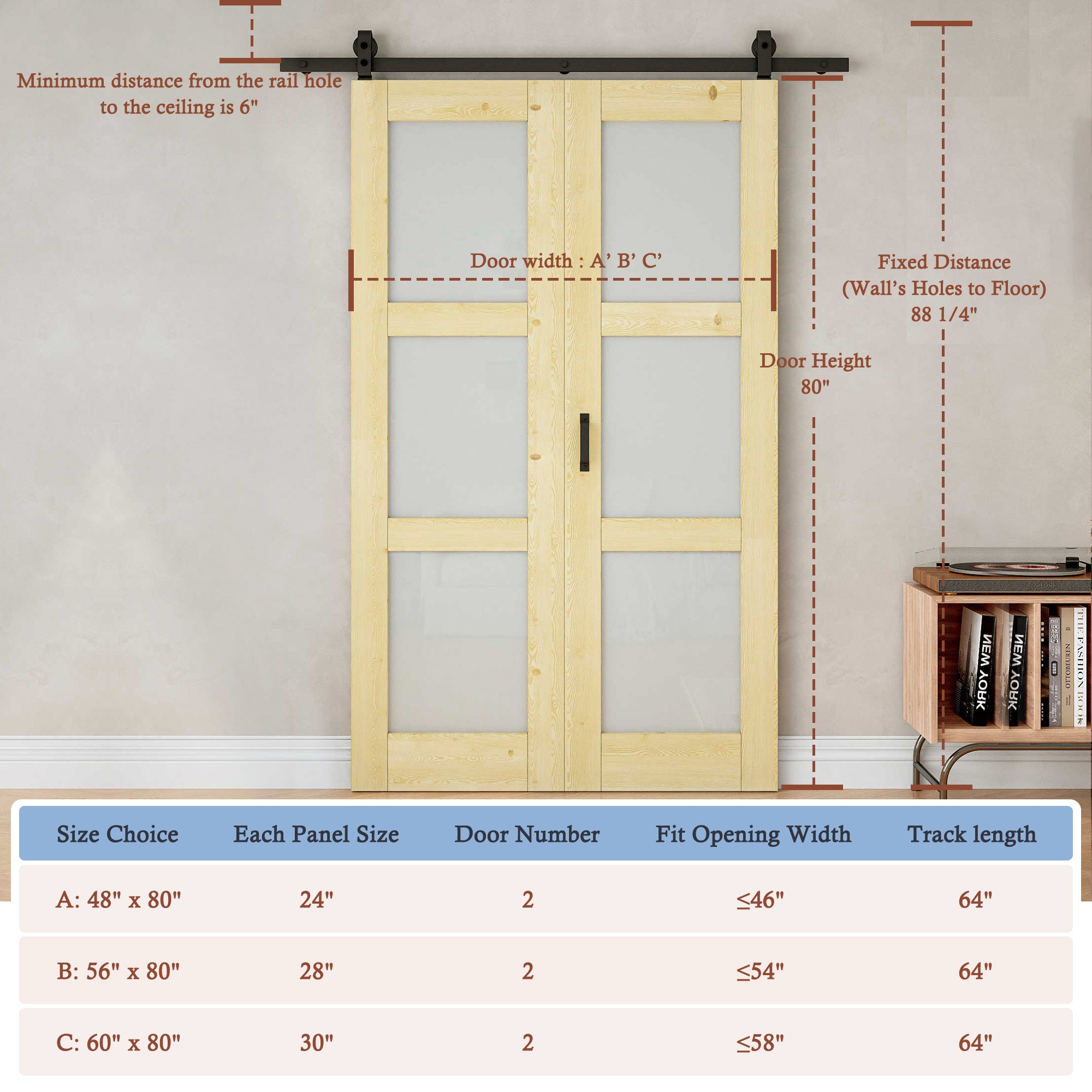 [Paintable] 3-Lite Frosted Glass Bifold Barn Door Pine Wood, Unfinished & Paintable Surface, with Hardware Kit & Handle & Floor Guide