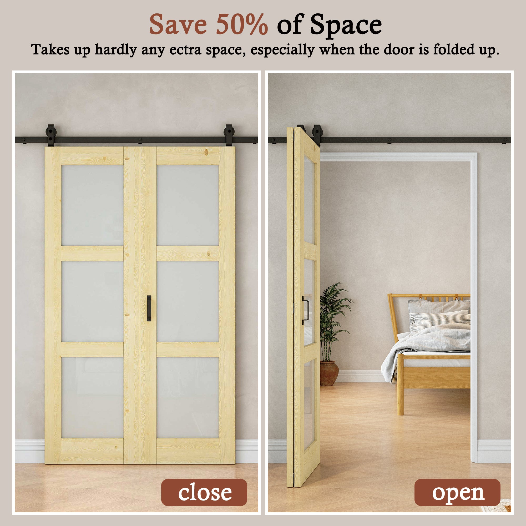[Paintable] 3-Lite Frosted Glass Bifold Barn Door Pine Wood, Unfinished & Paintable Surface, with Hardware Kit & Handle & Floor Guide