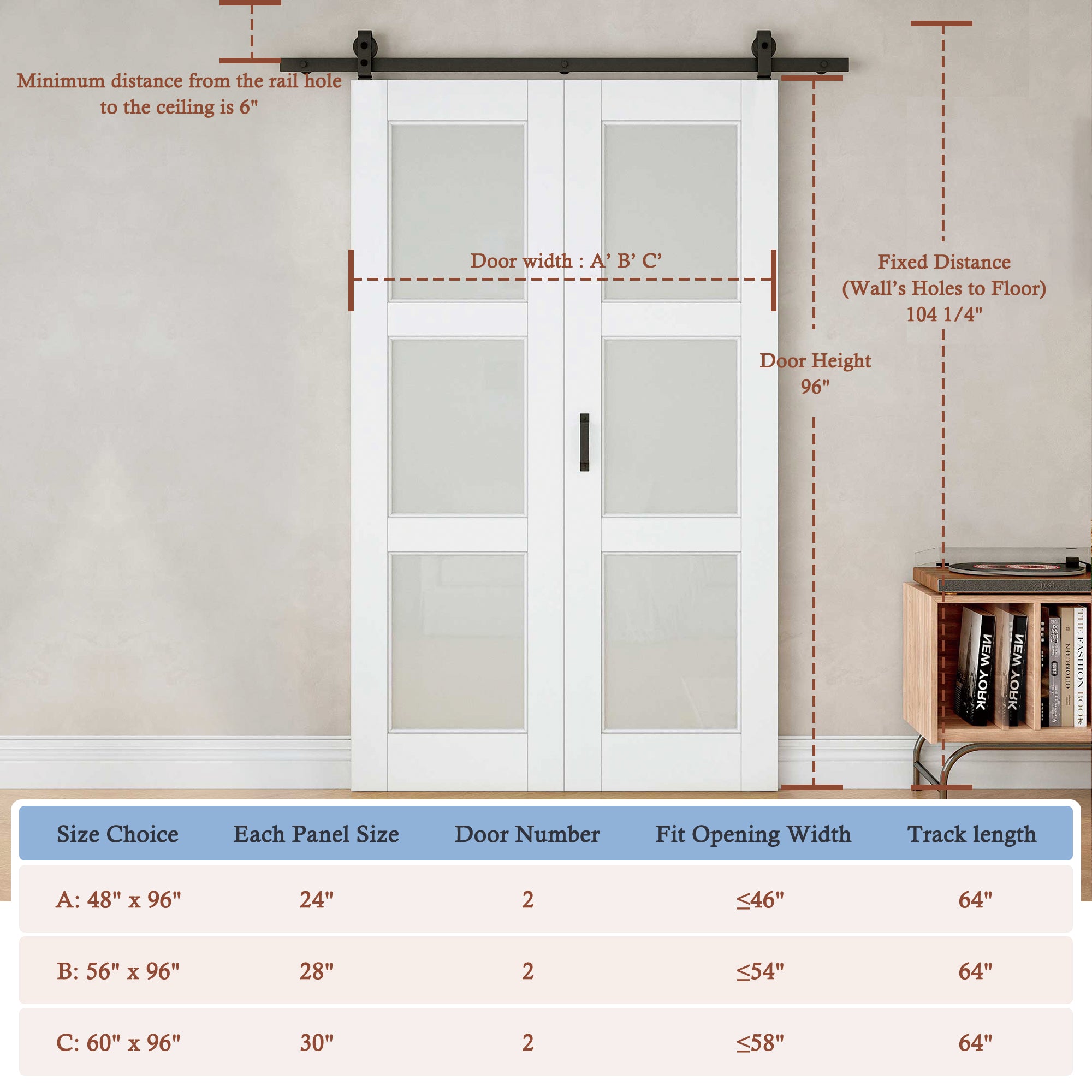 [Paintable] 3-Lite Frosted Glass Bifold Barn Door MDF Wood, Prefinished & Paintable Surface, with Hardware Kit & Handle & Floor Guide, White