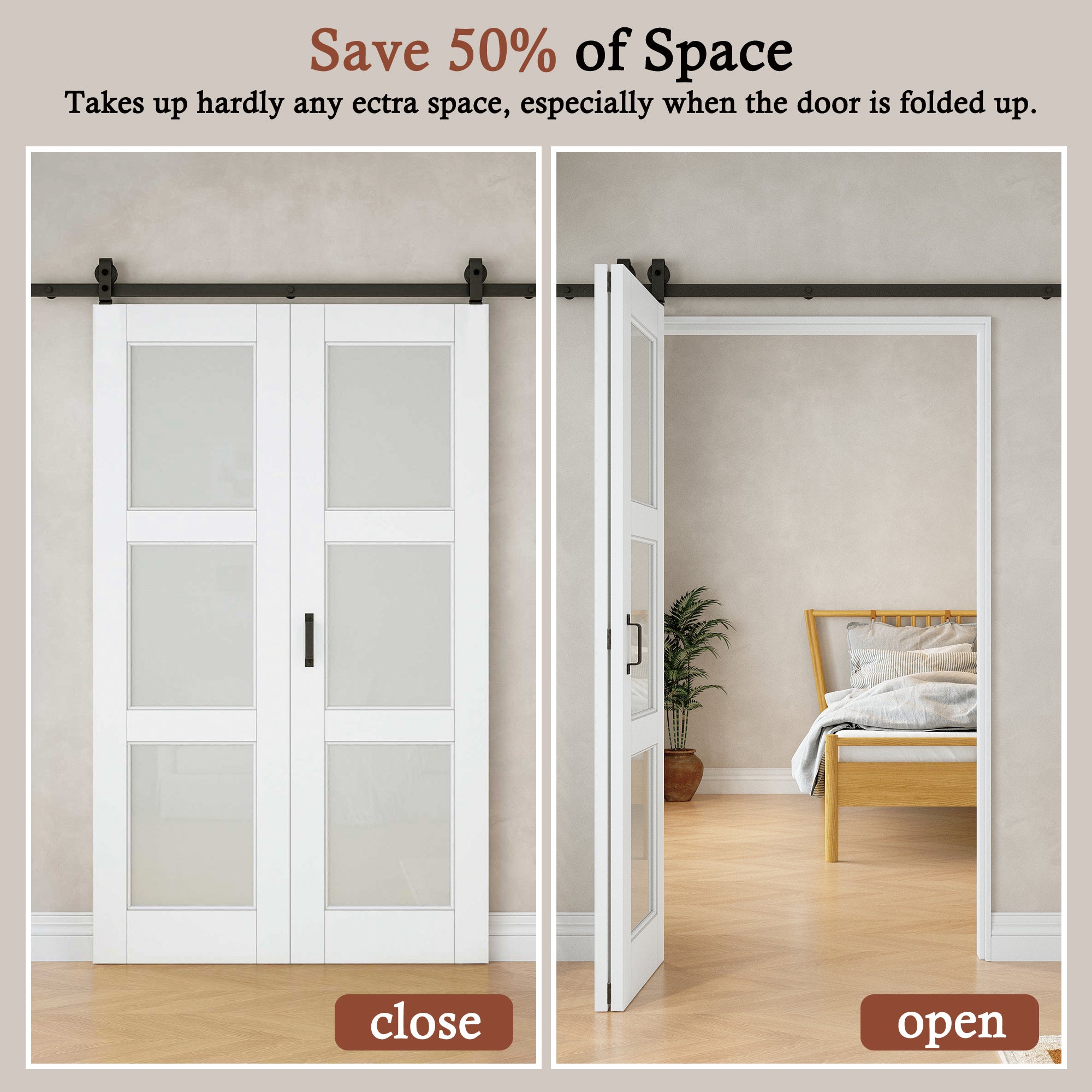 [Paintable] 3-Lite Frosted Glass Bifold Barn Door MDF Wood, Prefinished & Paintable Surface, with Hardware Kit & Handle & Floor Guide, White
