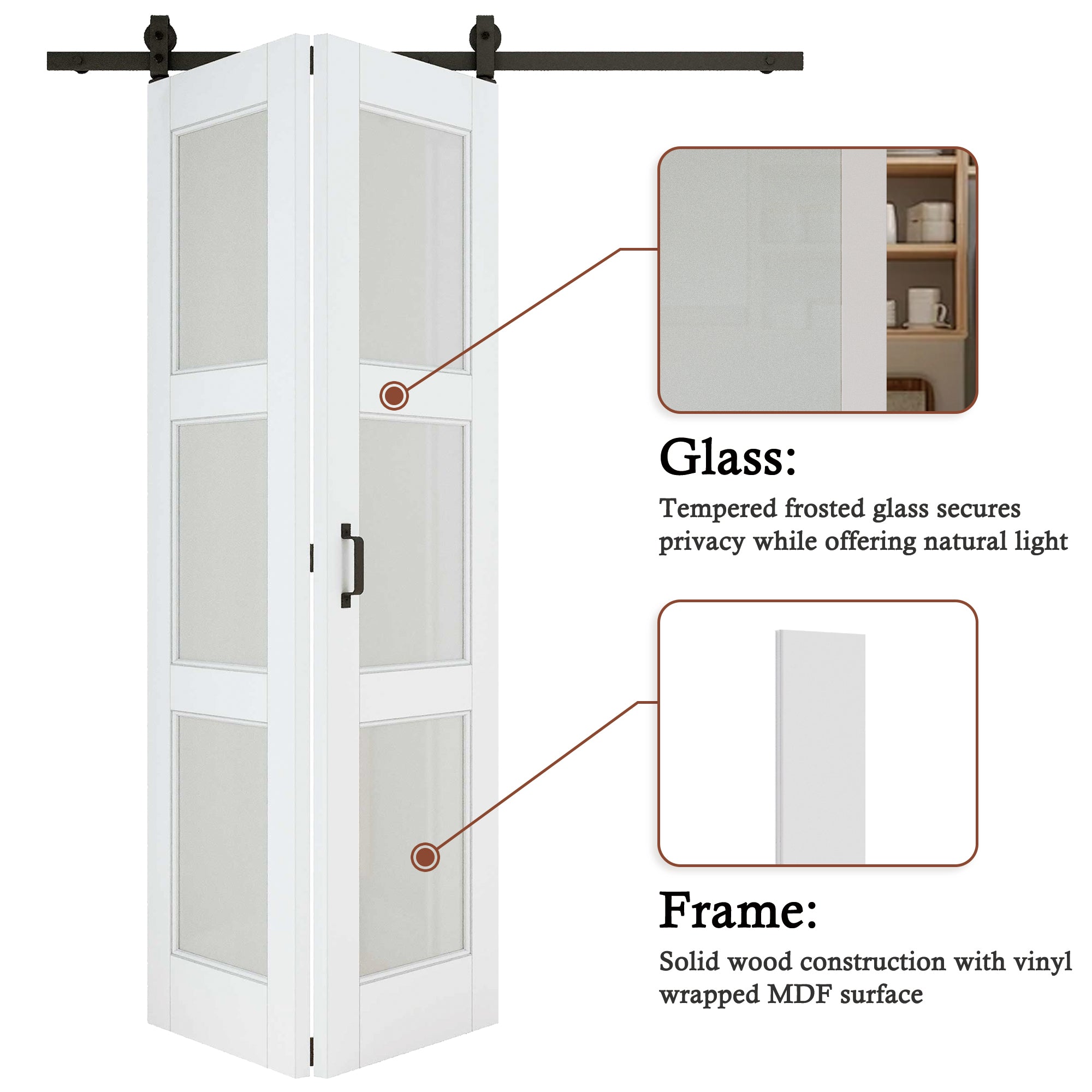 [Paintable] 3-Lite Frosted Glass Bifold Barn Door MDF Wood, Prefinished & Paintable Surface, with Hardware Kit & Handle & Floor Guide, White