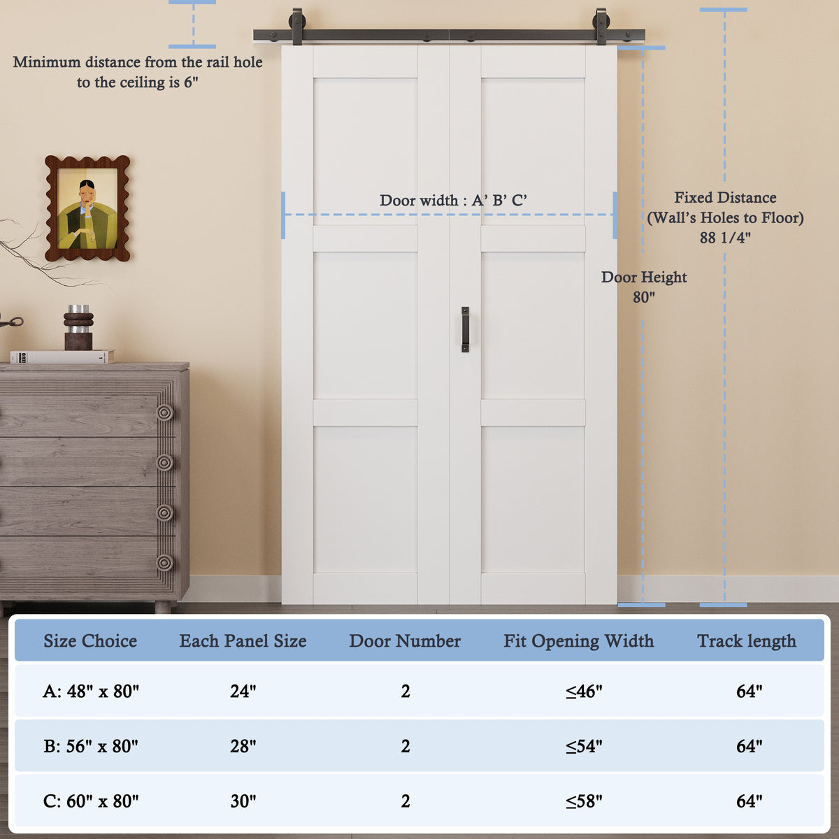 [Paintable] 5-Lite Molded Panel Bifold Barn Door MDF Wood, Prefinished & Paintable Surface, with Hardware Kit & Handle & Floor Guide, White