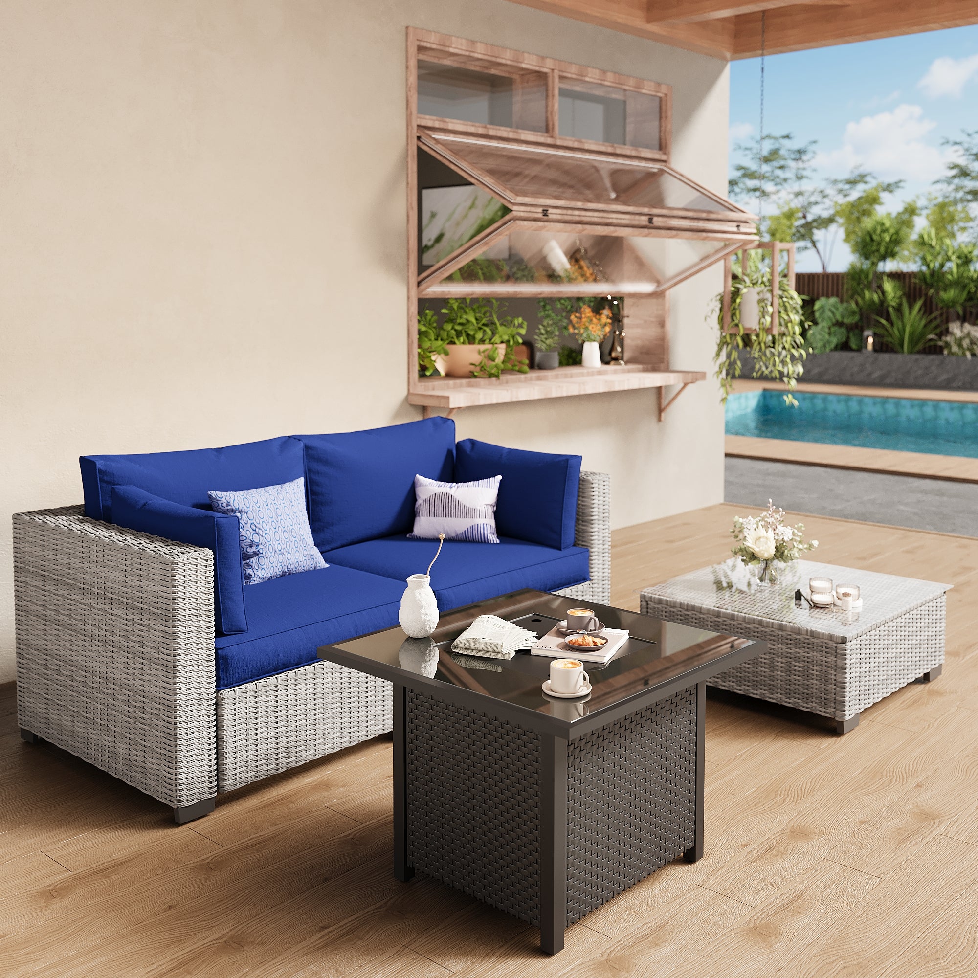 Ark Design 3-Piece Gray Wicker Outdoor Patio Conversation Sectional Seating Set with Coffee Table and fire bit, Navy Blue Cushions with Sofa Protection Cover Option
