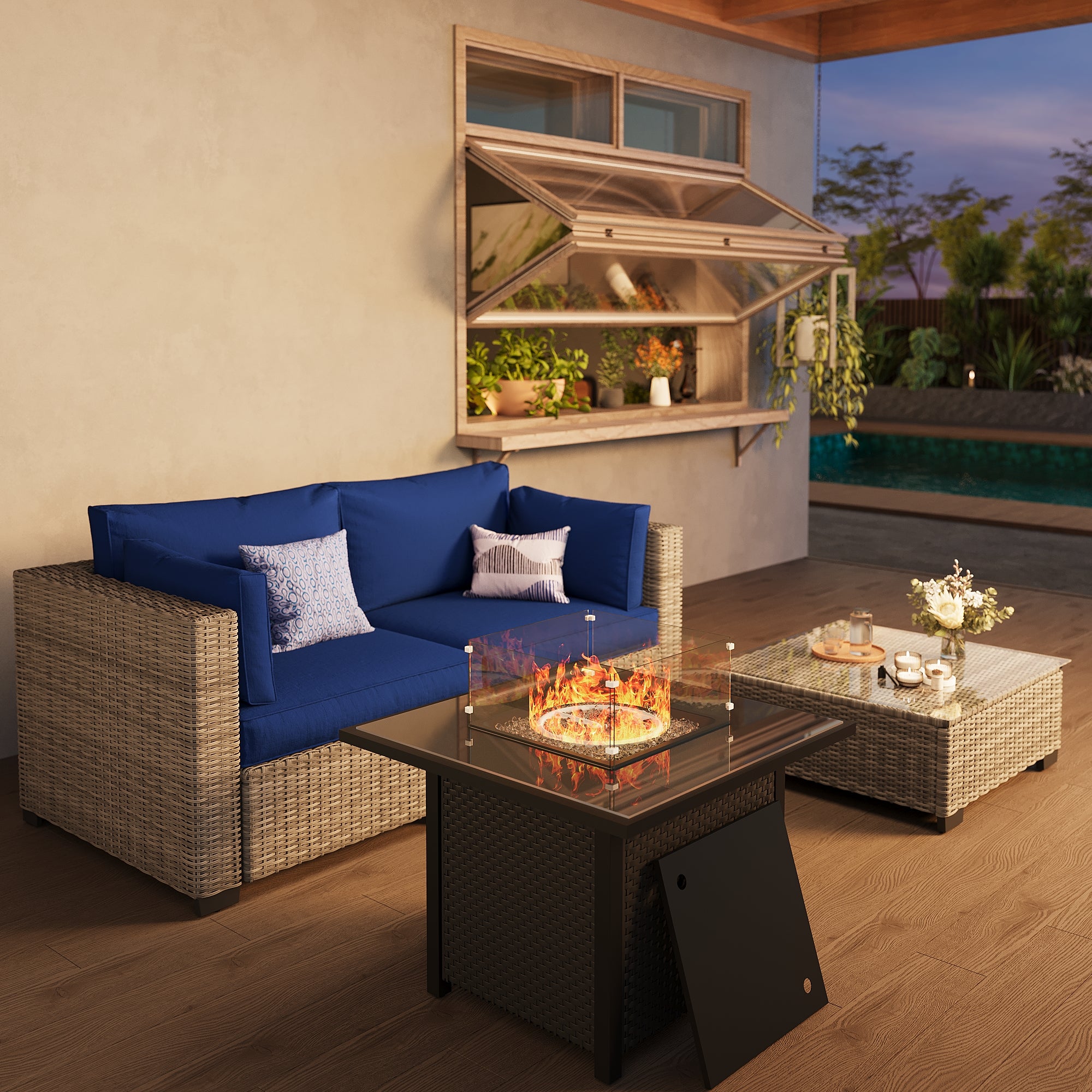 Ark Design 3-Piece Gray Wicker Outdoor Patio Conversation Sectional Seating Set with Coffee Table and fire bit, Navy Blue Cushions with Sofa Protection Cover Option
