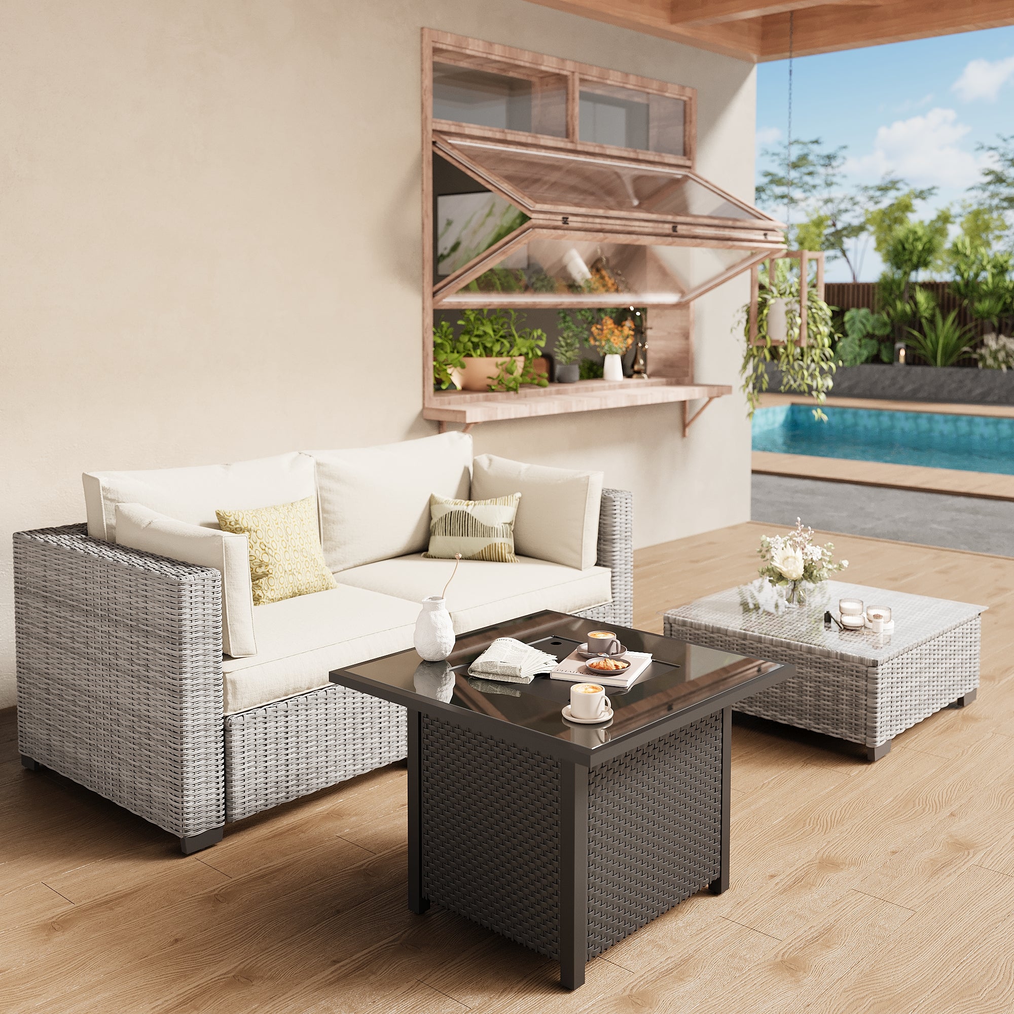 Ark Design 3-Piece Rattan Wicker Outdoor Patio Conversation SofaSeating Set with Coffee Table and fire pit, Beige Cushions with Sofa Protection Cover Option