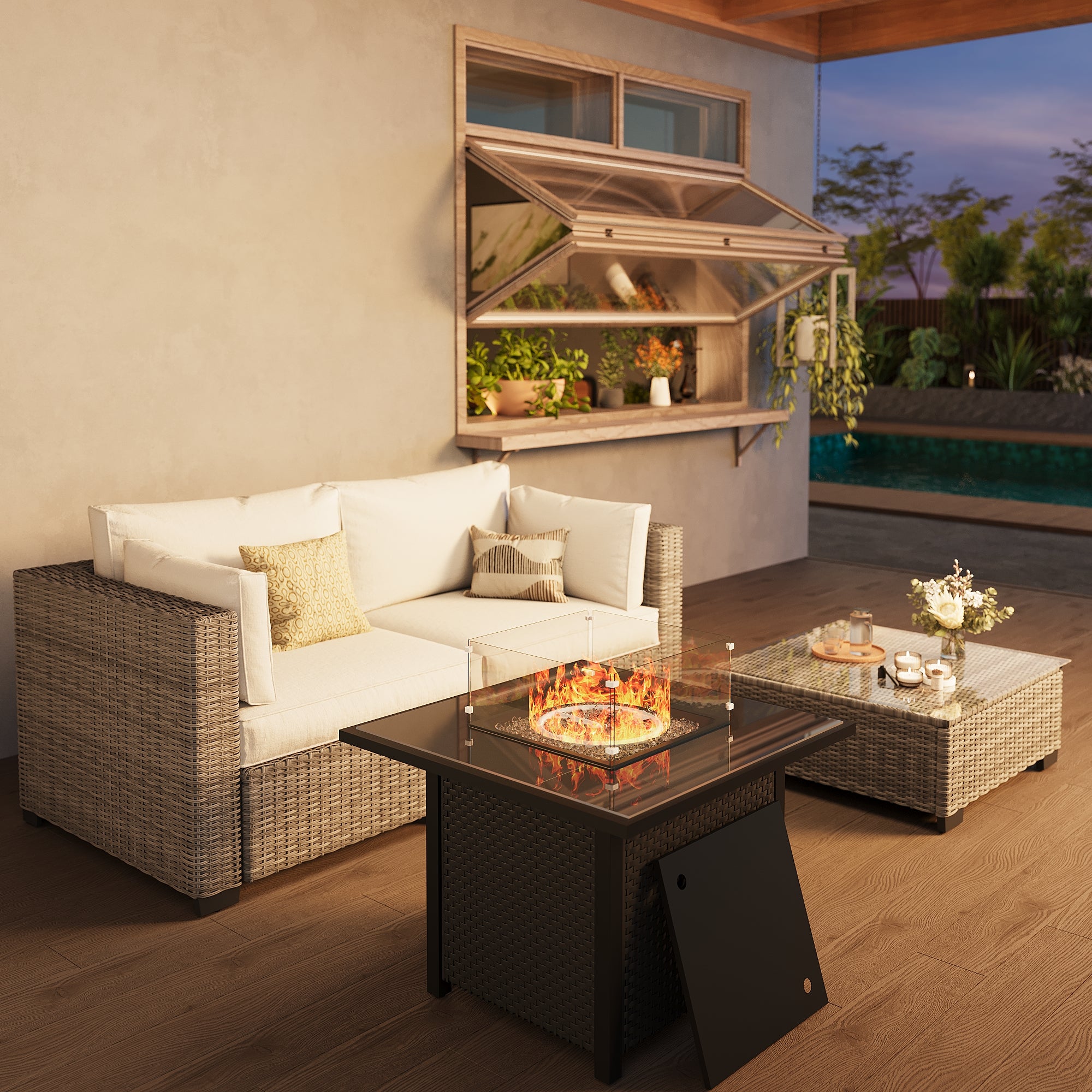 Ark Design 3-Piece Rattan Wicker Outdoor Patio Conversation SofaSeating Set with Coffee Table and fire pit, Beige Cushions with Sofa Protection Cover Option
