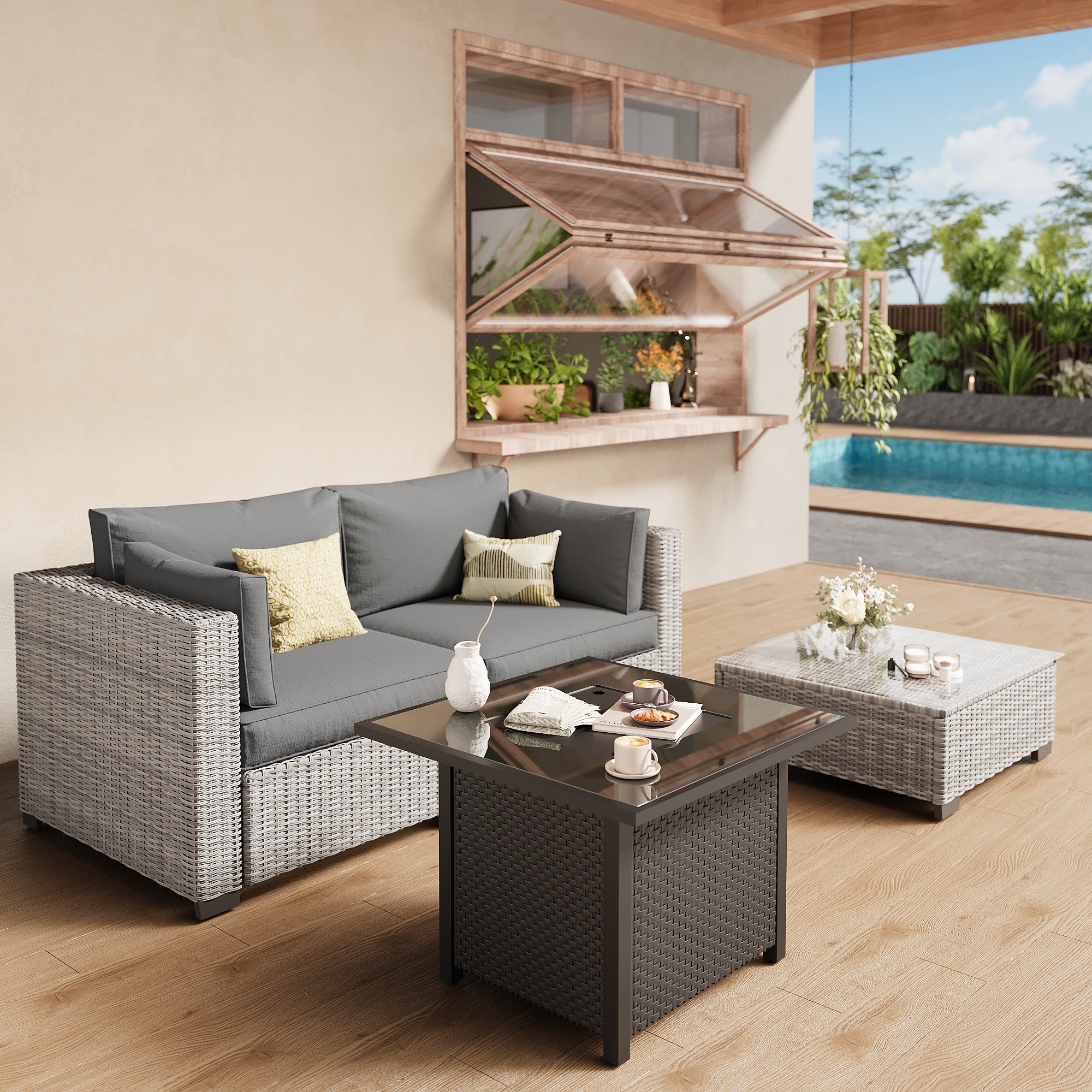 Ark Design 3-Piece Rattan Wicker Outdoor Patio Conversation SofaSeating Set with Coffee Table and fire pit, Gray Cushions with Sofa Protection Cover Option