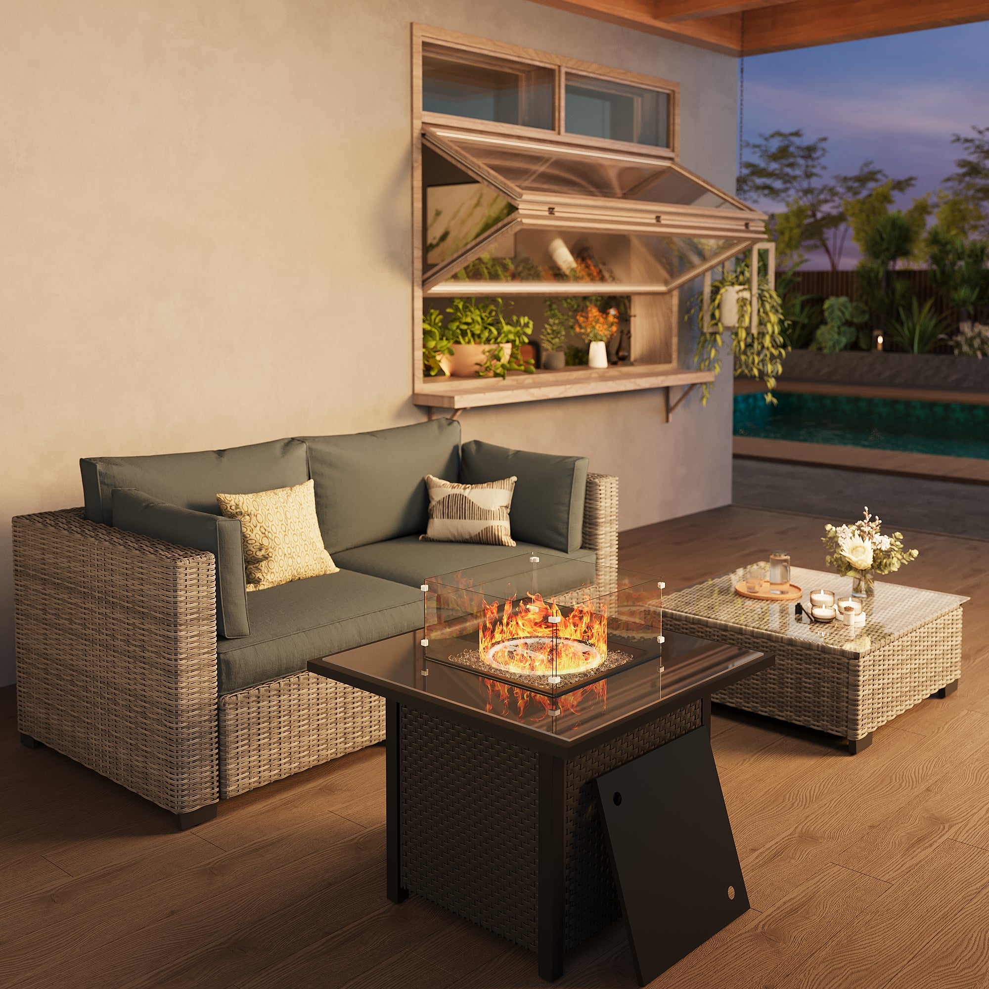 Ark Design 3-Piece Rattan Wicker Outdoor Patio Conversation SofaSeating Set with Coffee Table and fire pit, Gray Cushions with Sofa Protection Cover Option