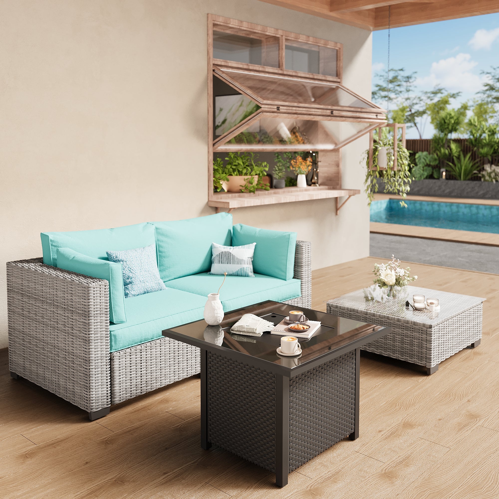 Ark Design 3-Piece Rattan Wicker Outdoor Patio Conversation SofaSeating Set with Coffee Table and fire pit, Green Cushions with Sofa Protection Cover Option