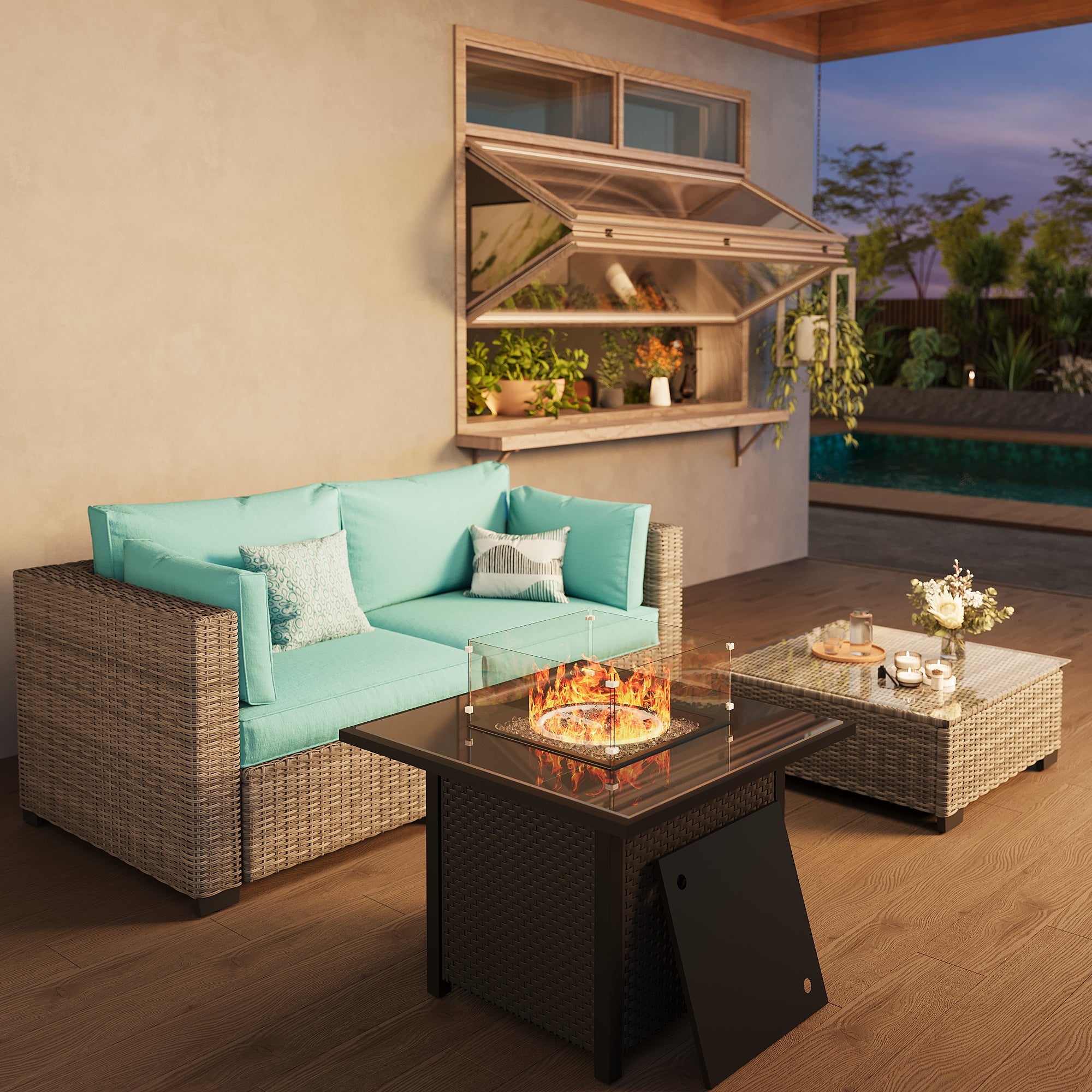 Ark Design 3-Piece Rattan Wicker Outdoor Patio Conversation SofaSeating Set with Coffee Table and fire pit, Green Cushions with Sofa Protection Cover Option