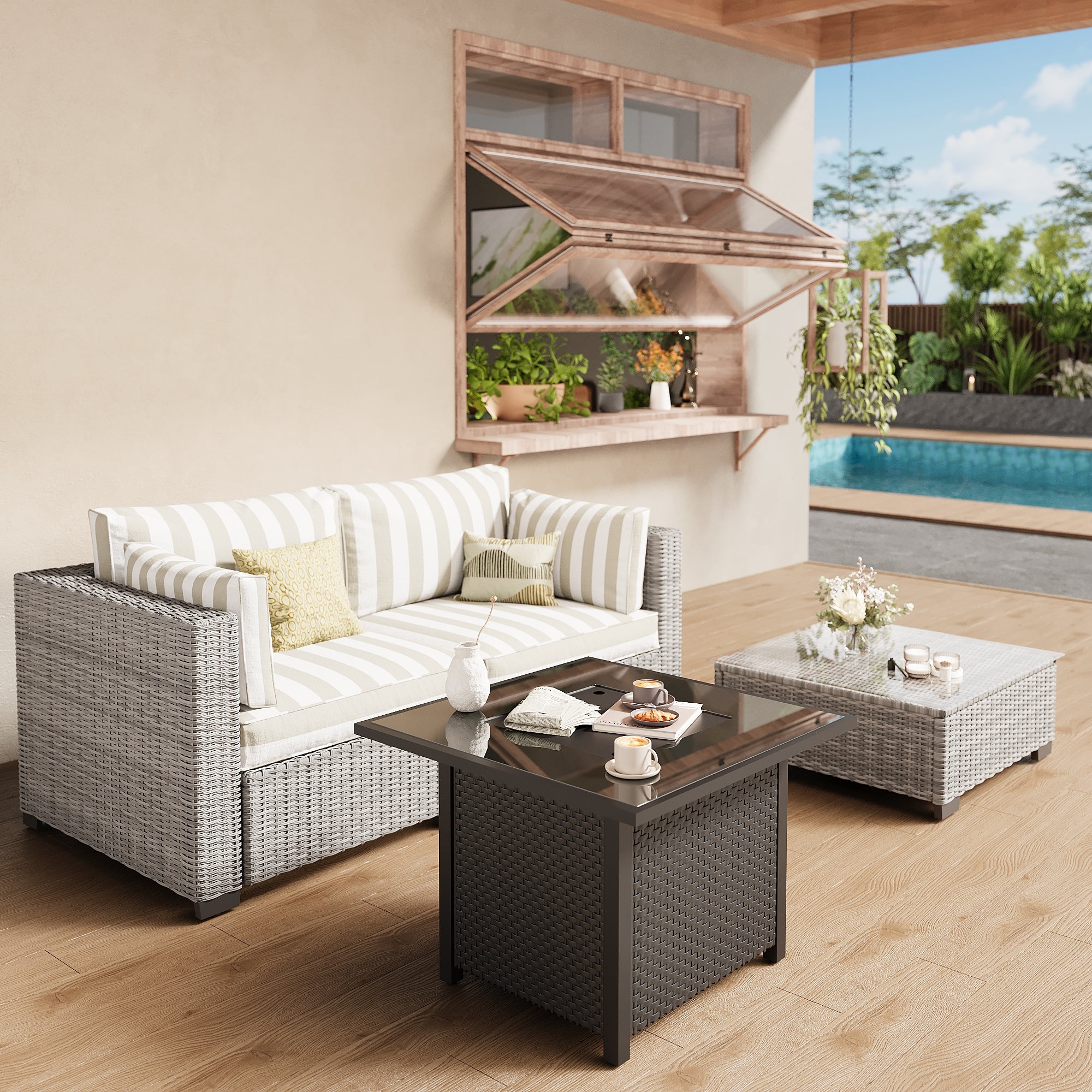 Ark Design 3-Piece Rattan Wicker Outdoor Patio Conversation SofaSeating Set with Coffee Table and fire pit, Stripe Brown Cushions with Sofa Protection Cover Option
