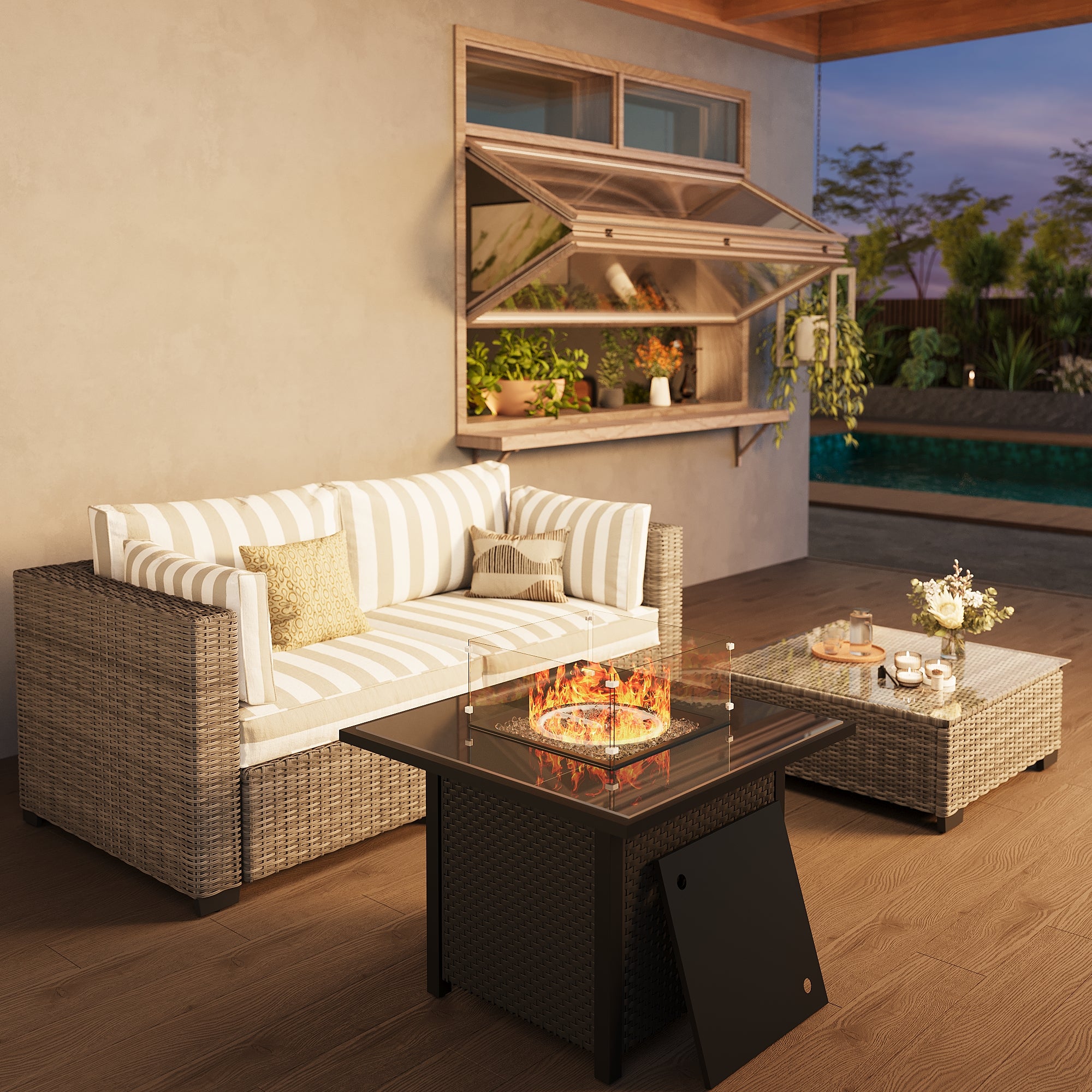 Ark Design 3-Piece Rattan Wicker Outdoor Patio Conversation SofaSeating Set with Coffee Table and fire pit, Stripe Brown Cushions with Sofa Protection Cover Option