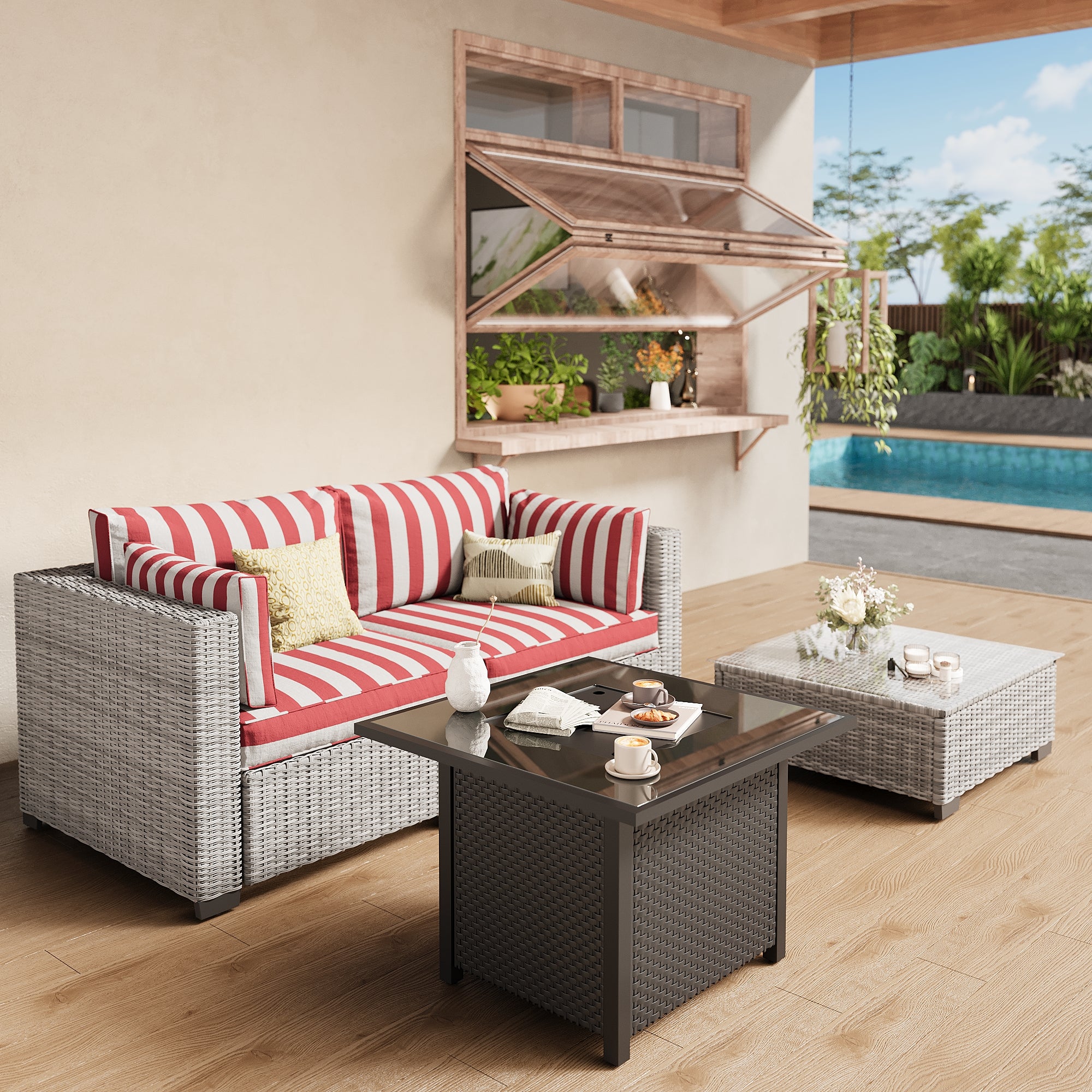 Ark Design 3-Piece Rattan Wicker Outdoor Patio Conversation SofaSeating Set with Coffee Table and fire pit, Stripe Red Cushions with Sofa Protection Cover Option