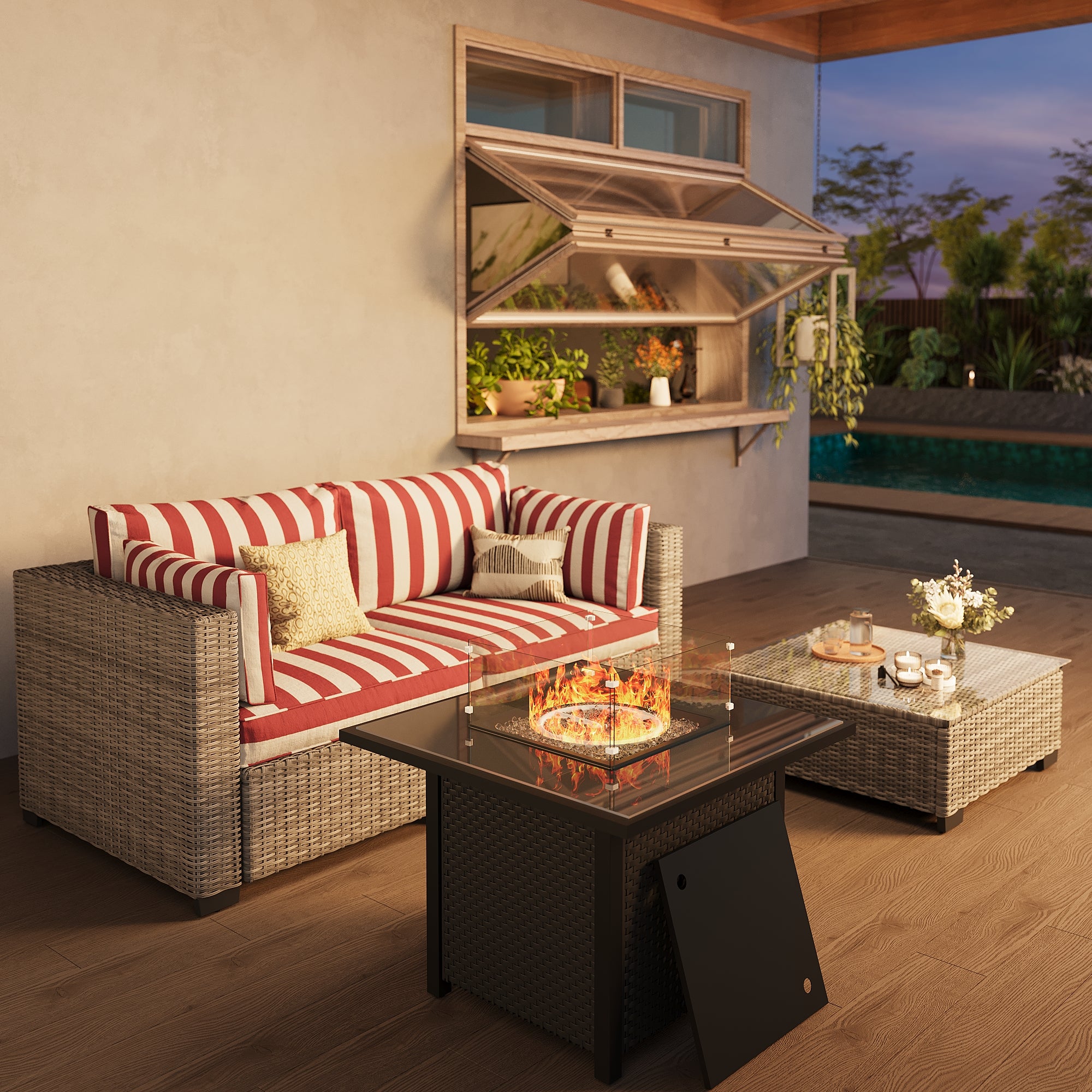 Ark Design 3-Piece Rattan Wicker Outdoor Patio Conversation SofaSeating Set with Coffee Table and fire pit, Stripe Red Cushions with Sofa Protection Cover Option