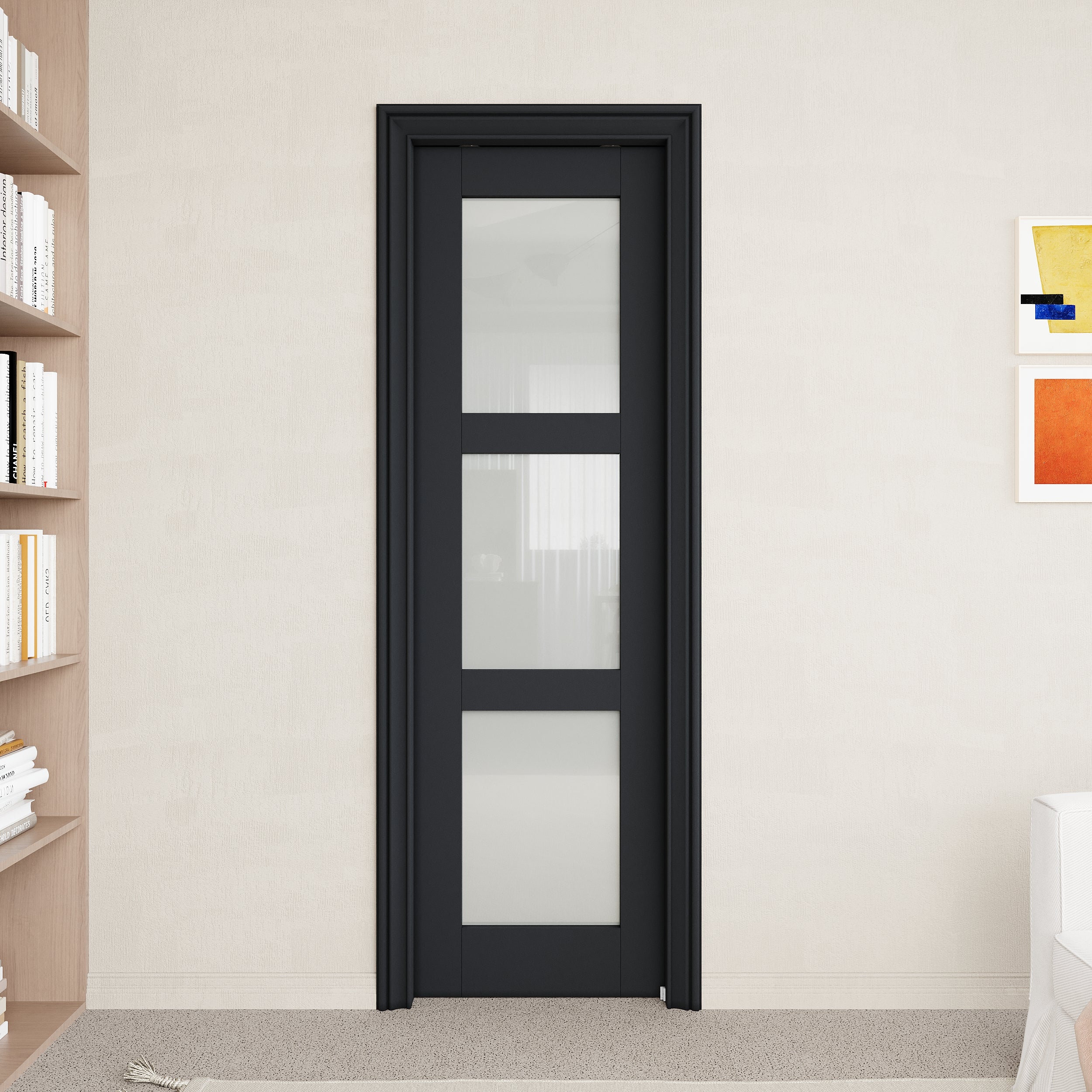 Ark Design 3-Lite Tempered Frosted Glass Pocket Door with Hardware Kit & Soft Close & Black Frame, Solid Core MDF Wood & Paint-grade Finished