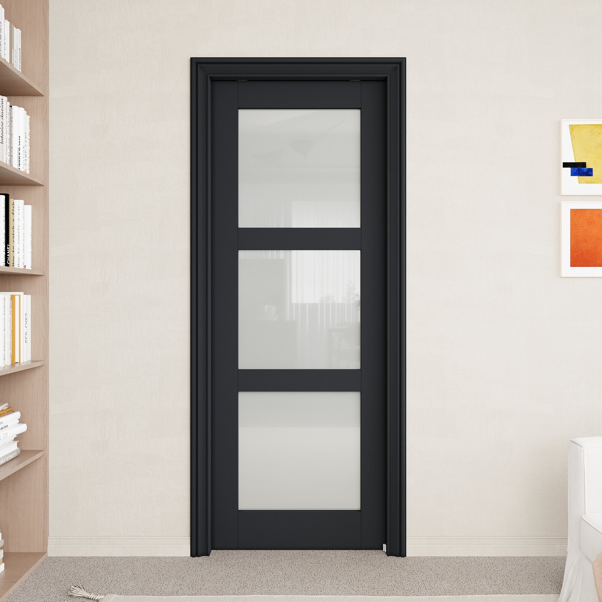 Ark Design 3-Lite Tempered Frosted Glass Pocket Door with Hardware Kit & Soft Close & Black Frame, Solid Core MDF Wood & Paint-grade Finished