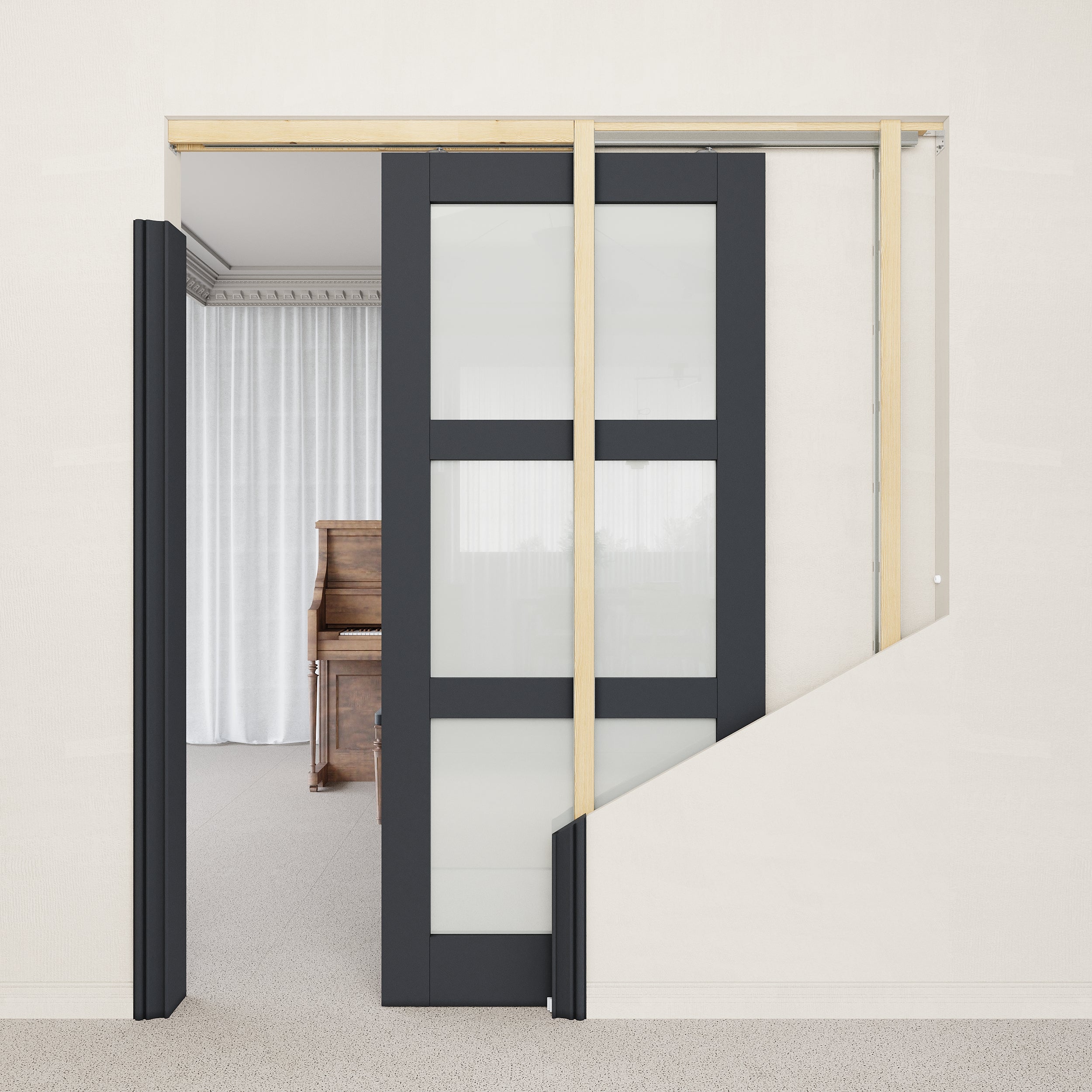 Ark Design 3-Lite Tempered Frosted Glass Pocket Door with Hardware Kit & Soft Close & Black Frame, Solid Core MDF Wood & Paint-grade Finished
