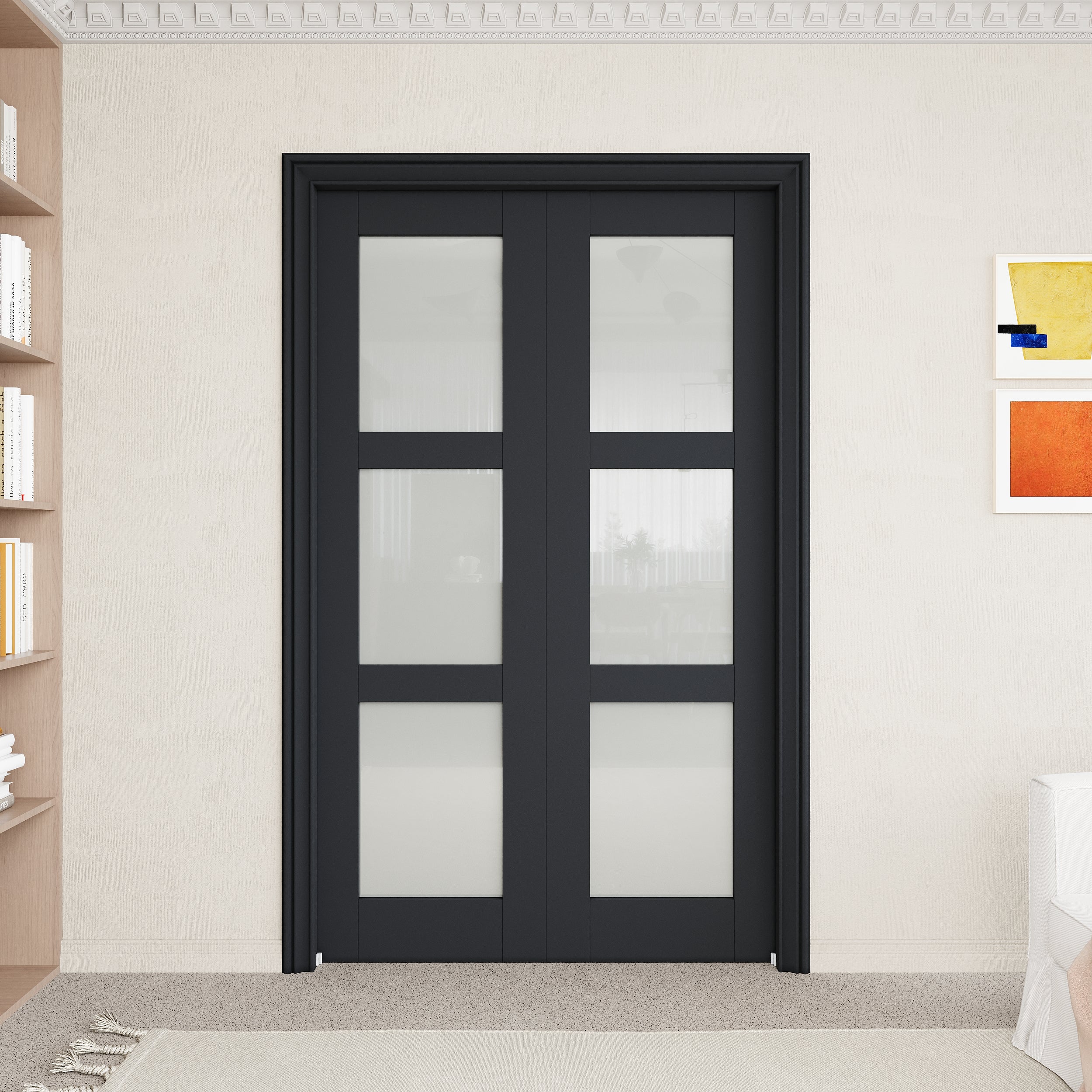 Ark Design 3-Lite Tempered Frosted Glass Pocket Door with Hardware Kit & Soft Close & Black Frame, Solid Core MDF Wood & Paint-grade Finished