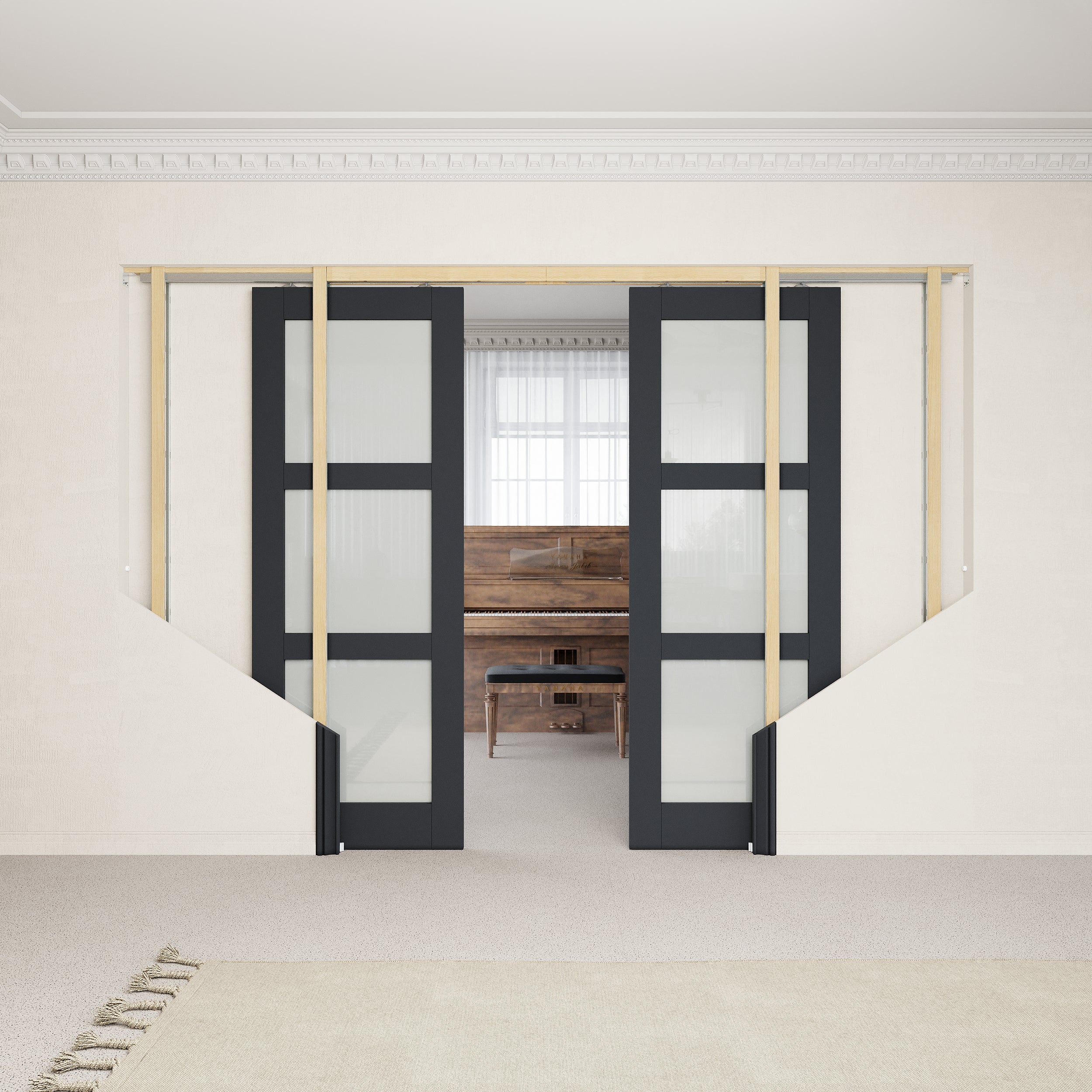 Ark Design 3-Lite Tempered Frosted Glass Pocket Door with Hardware Kit & Soft Close & Black Frame, Solid Core MDF Wood & Paint-grade Finished