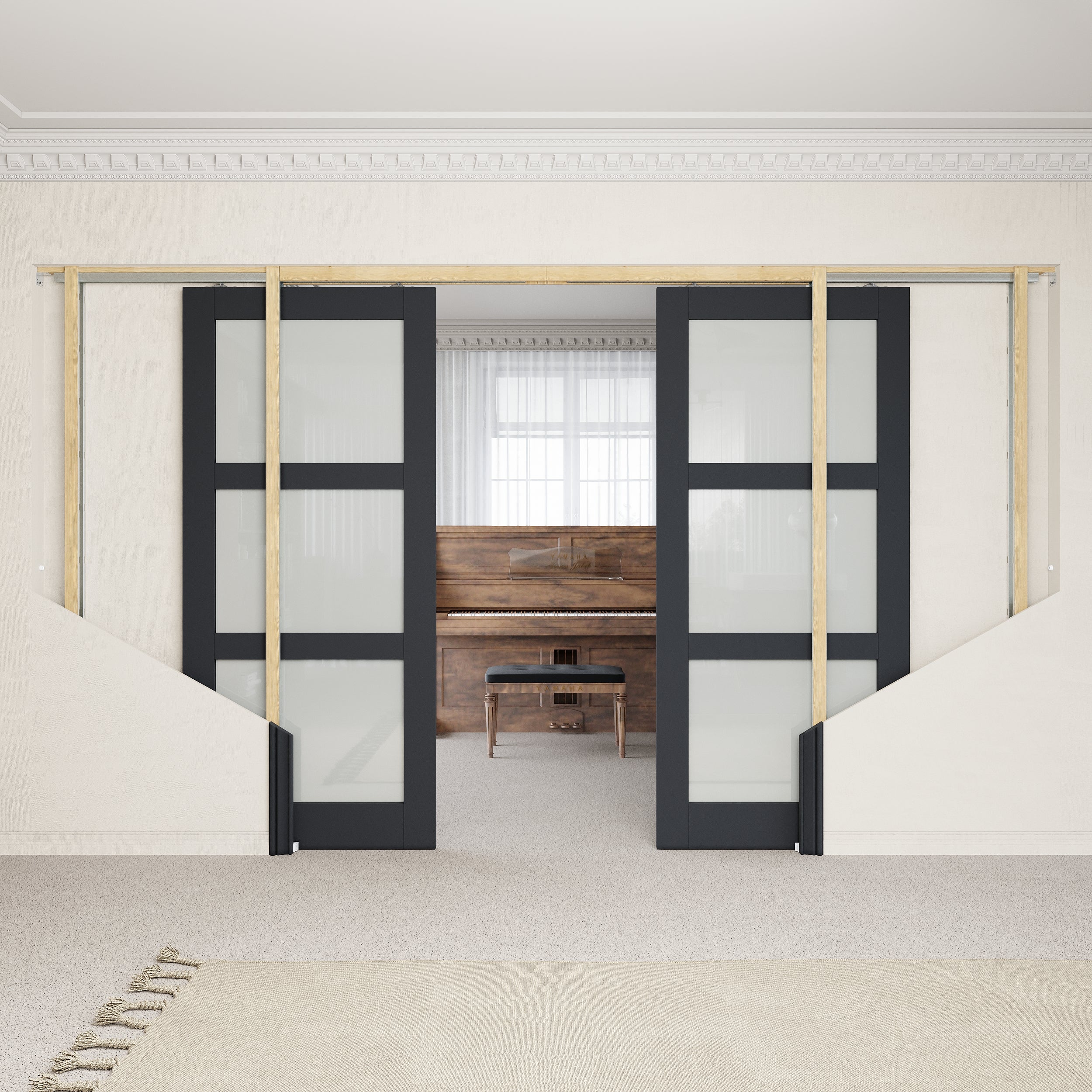 Ark Design 3-Lite Tempered Frosted Glass Pocket Door with Hardware Kit & Soft Close & Black Frame, Solid Core MDF Wood & Paint-grade Finished