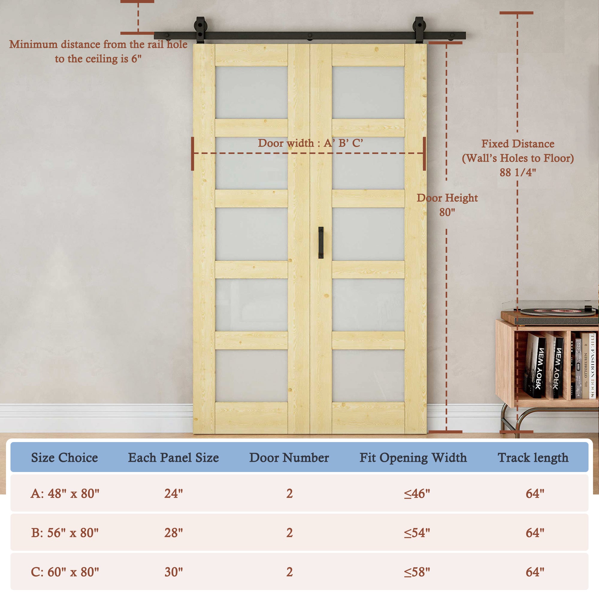 [Paintable] 5-Lite Frosted Glass Bifold Barn Door Pine Wood, Unfinished & Paintable Surface, with Hardware Kit & Handle & Floor Guide