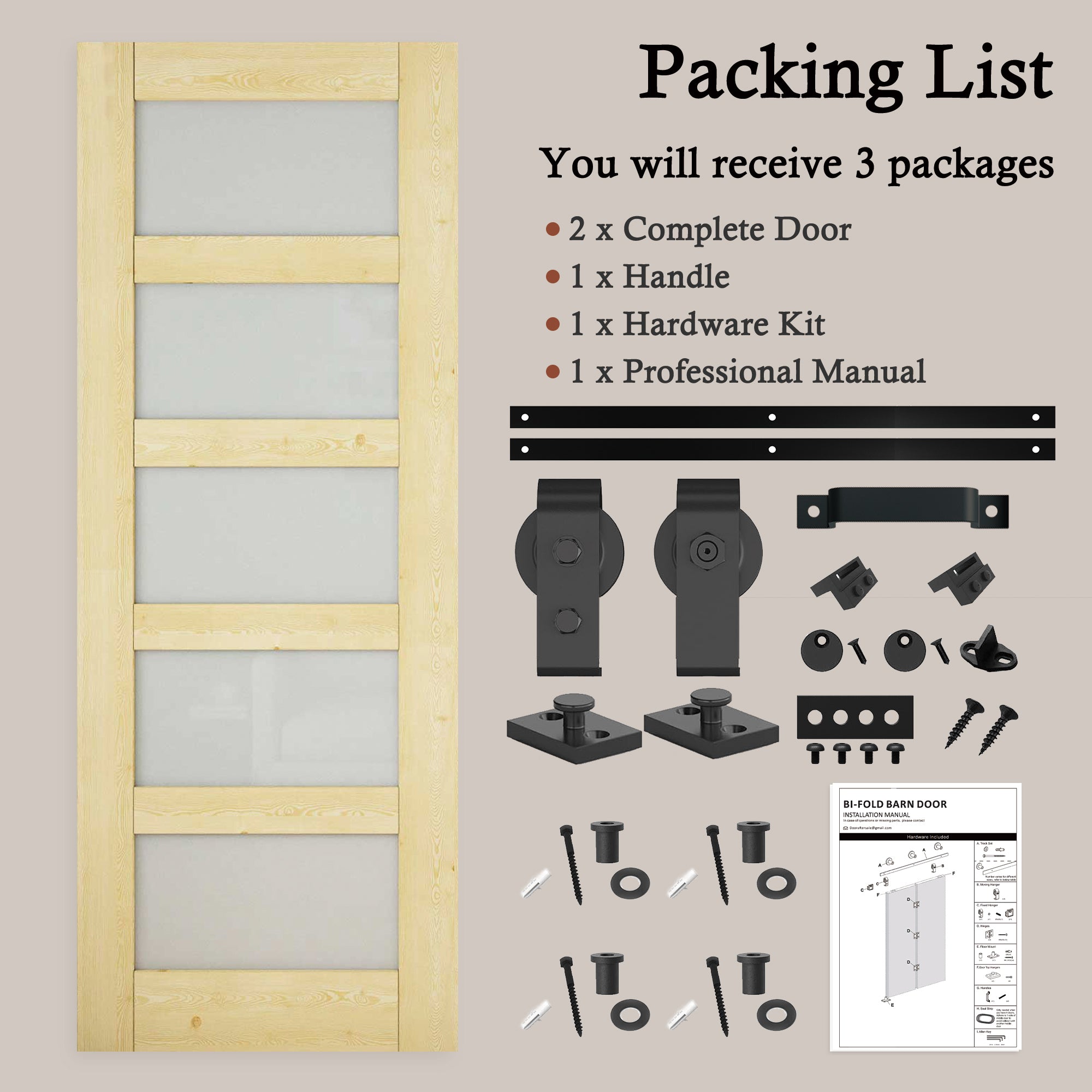 [Paintable] 5-Lite Frosted Glass Bifold Barn Door Pine Wood, Unfinished & Paintable Surface, with Hardware Kit & Handle & Floor Guide