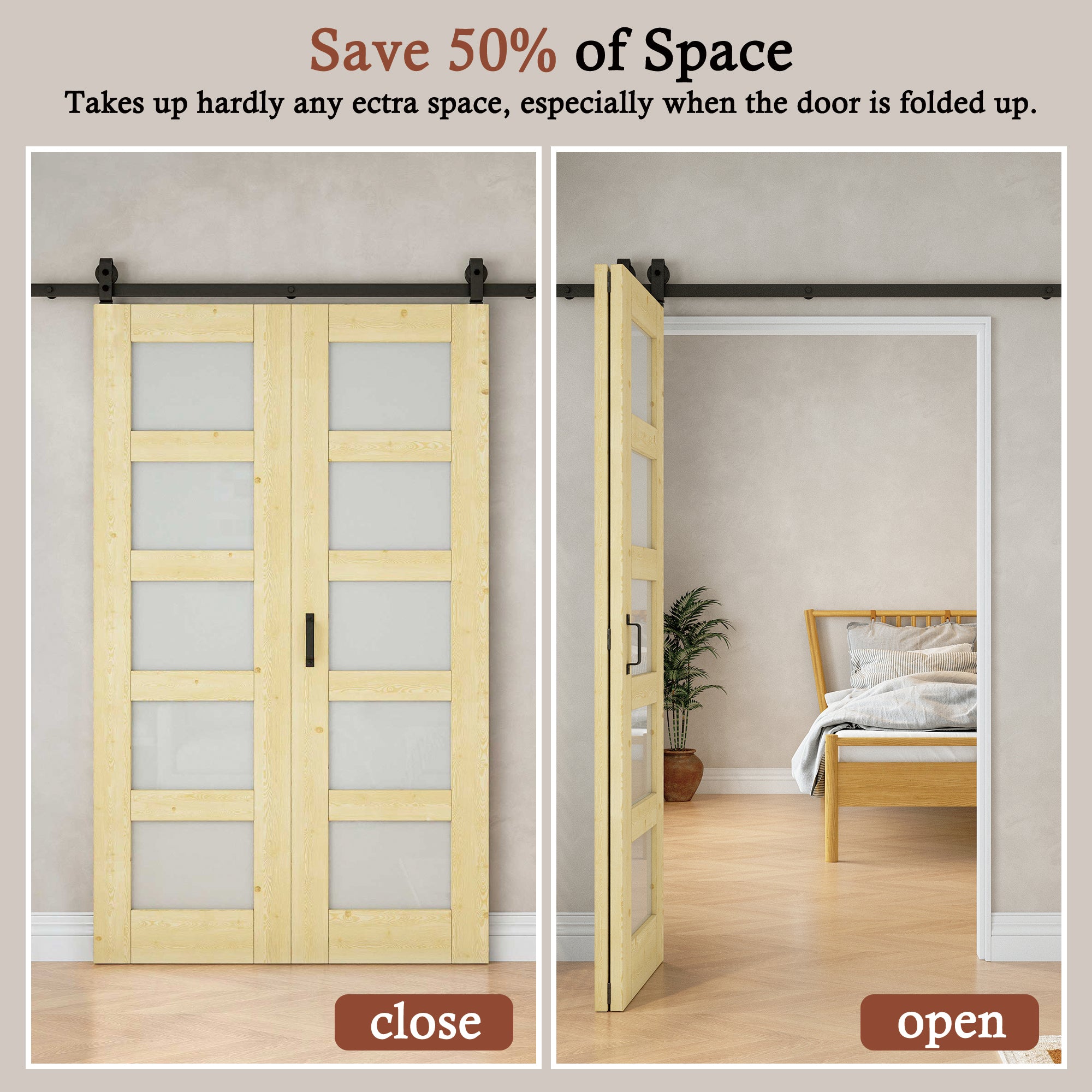 [Paintable] 5-Lite Frosted Glass Bifold Barn Door Pine Wood, Unfinished & Paintable Surface, with Hardware Kit & Handle & Floor Guide